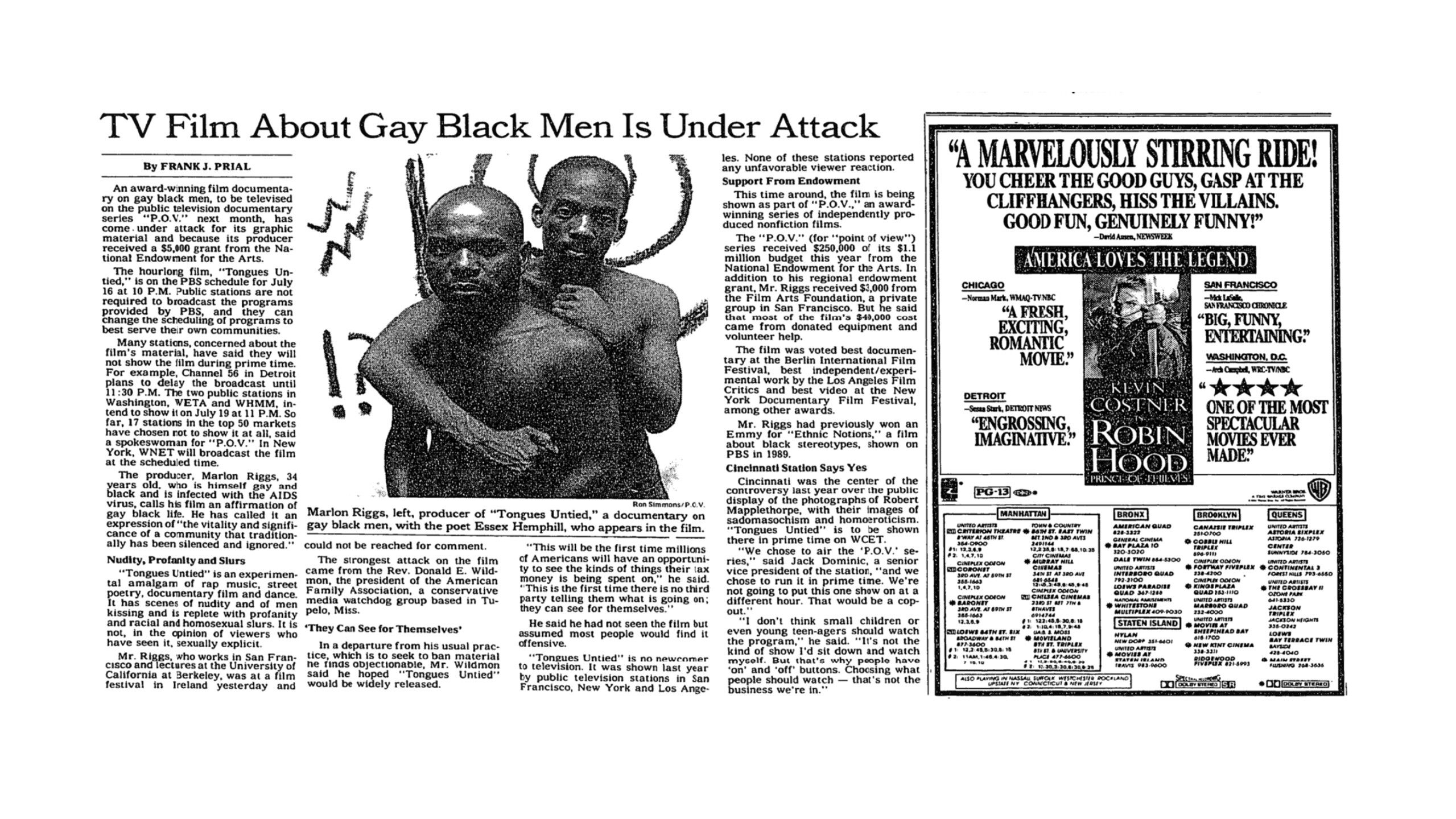 A photo of a New York Times newspaper article from 1991, titled "TV Film About Gay Black Men Is Under Attack."
