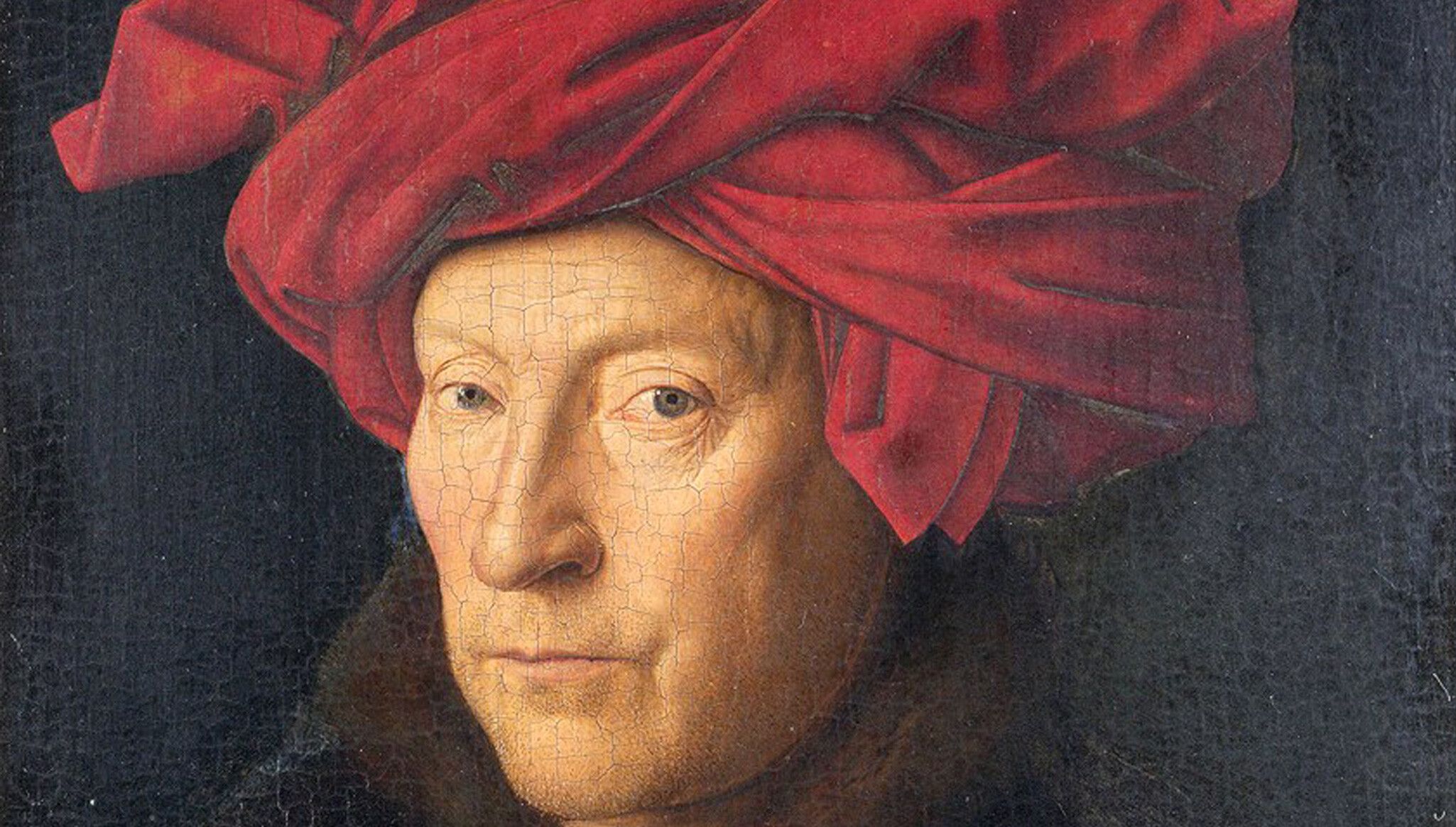A detail of an artwork by Jan van Eyck, titled Portrait of a Man (Self Portrait?), dated 1433. Collection of The National Gallery, London