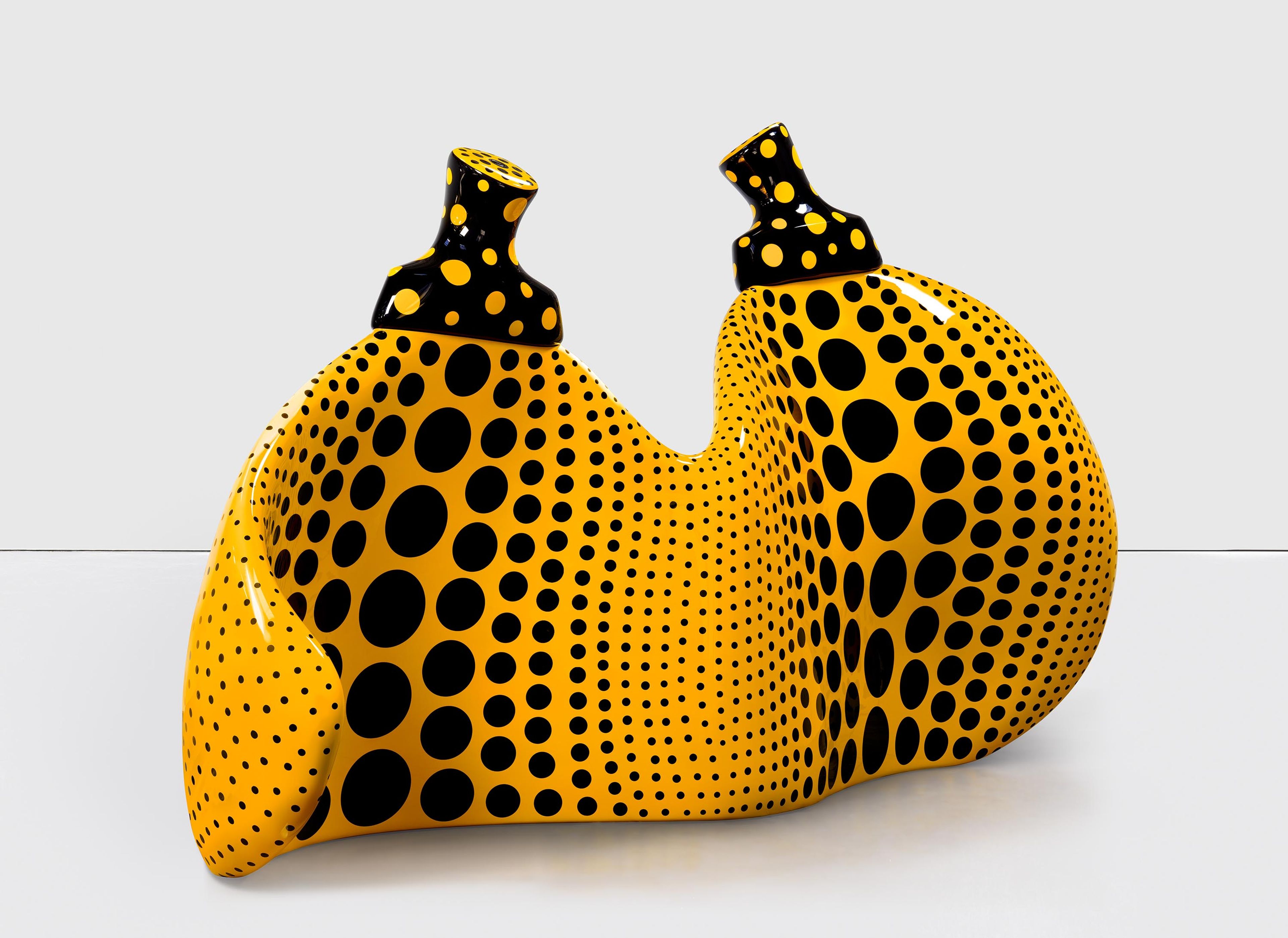 A bronze and urethane paint sculpture by Yayoi Kusama, titled Aspiring to Pumpkin’s Love, the Love in My Heart, dated 2023.