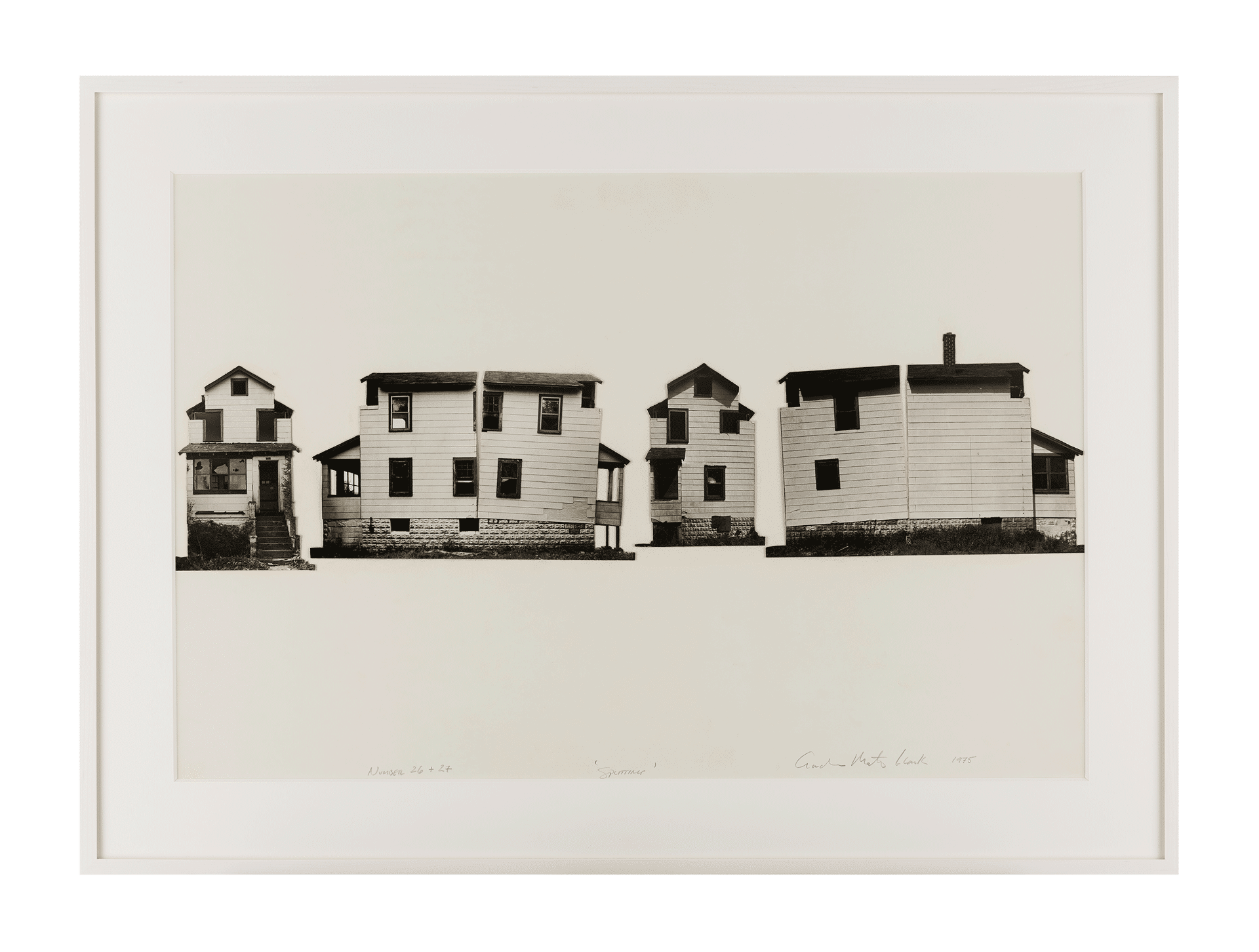 A photograph by Gordon Matta-Clark, titled Splitting: Number 26 & 27, dated 1975.