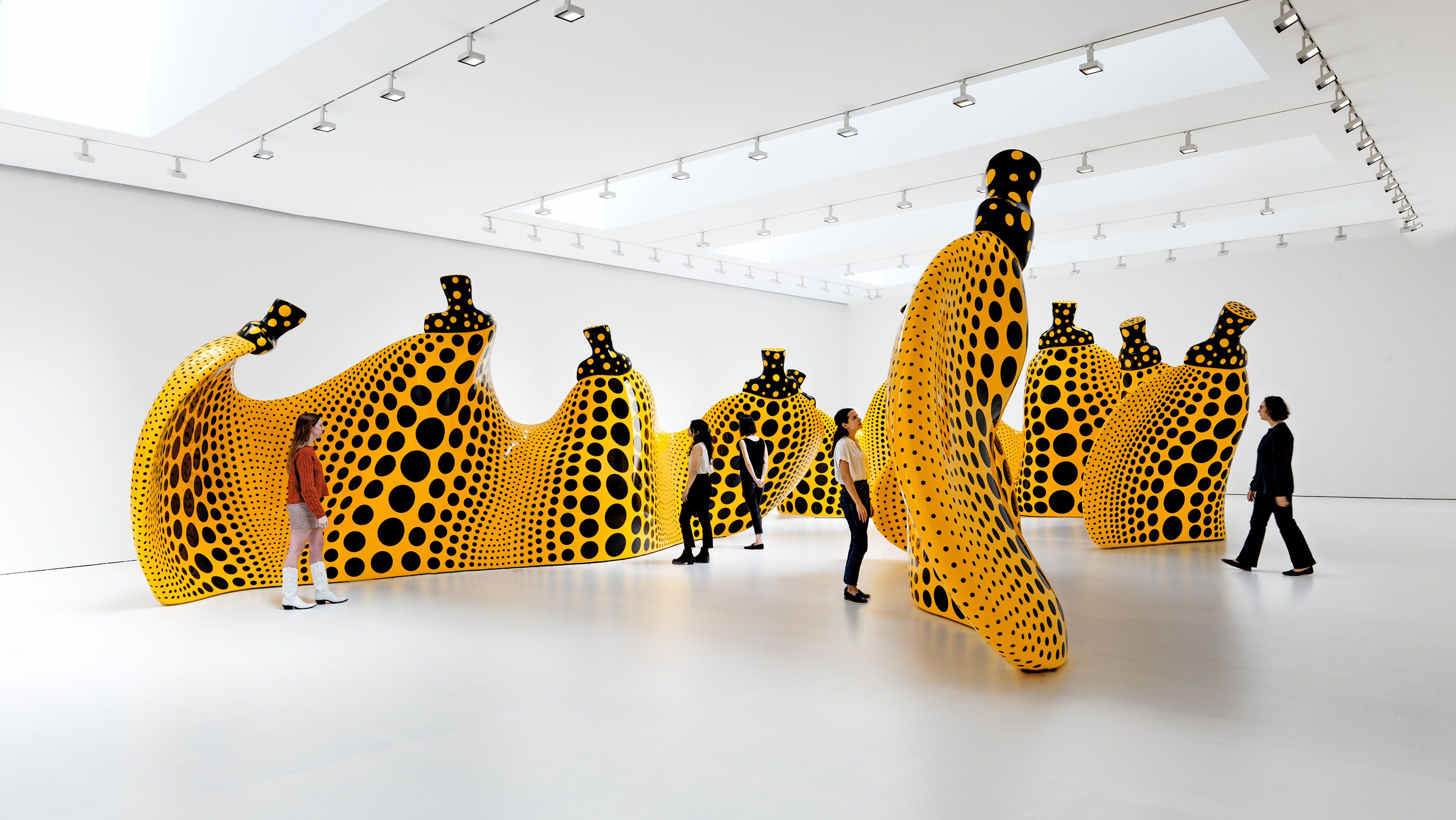 An installation view of the exhibition titled Yayoi Kusama, I Spend Each Day Embracing Flowers, dated 2023