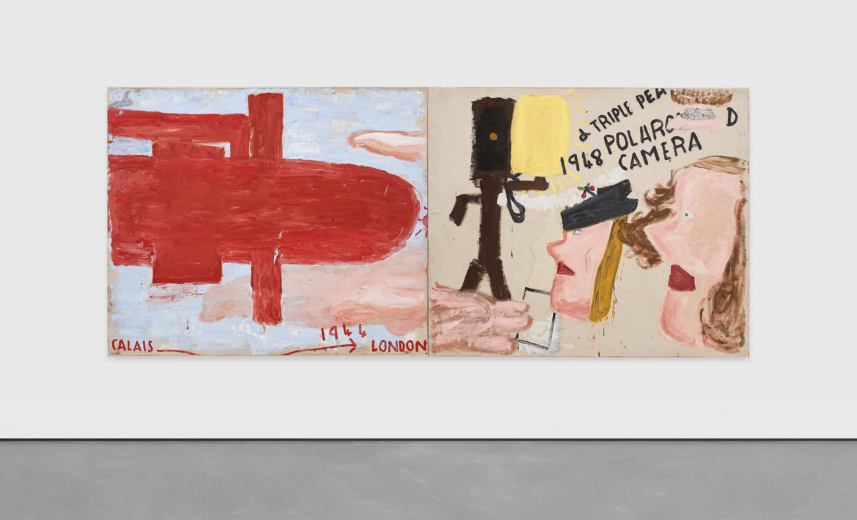 An installation view of a painting by Rose Wylie, titled Red Doodlebug and Triple Pearls, dated 2022.