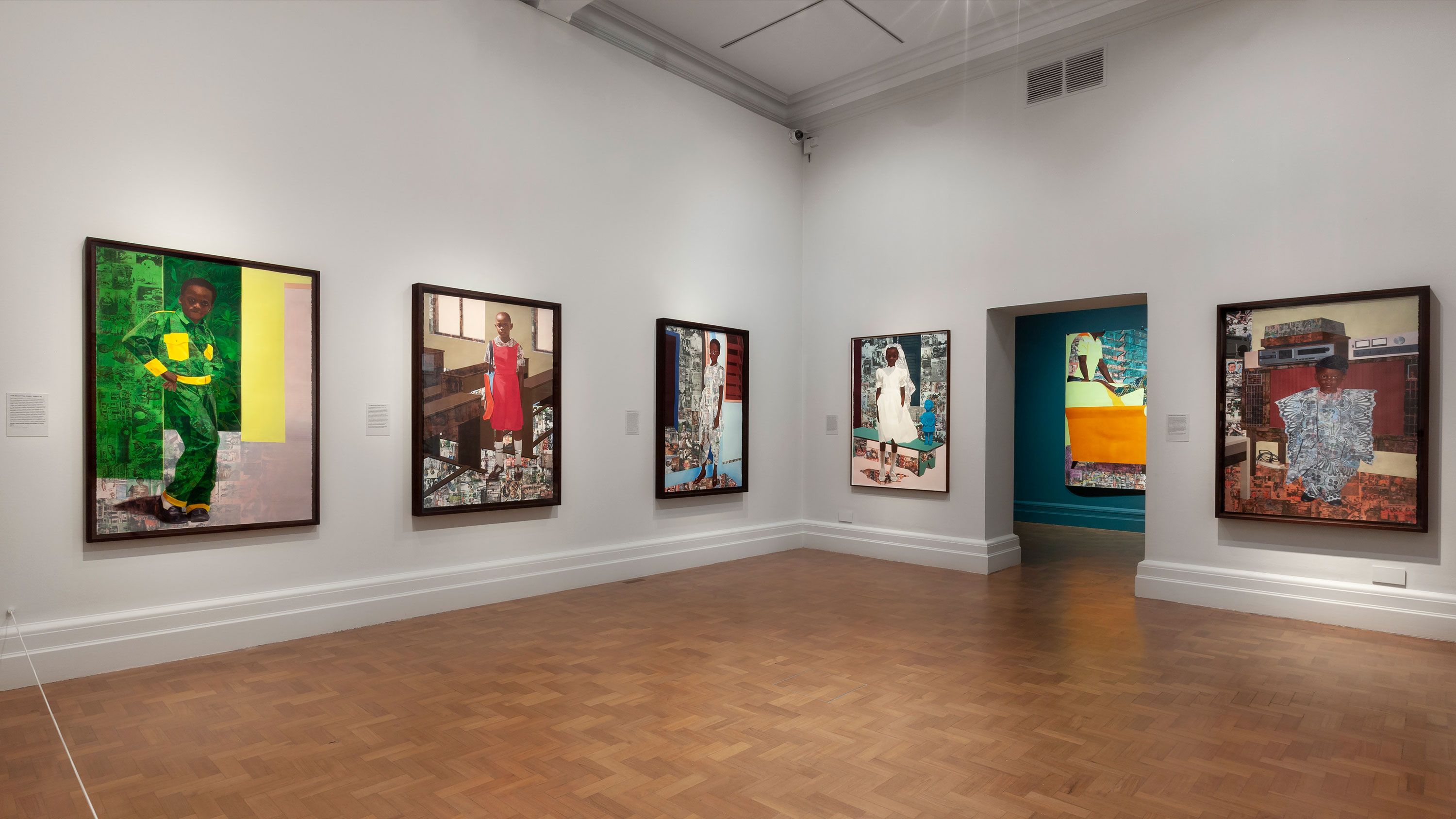An Installation view, Njideka Akunyili Crosby: “The Beautyful Ones,” National Portrait Gallery, London, dated 2018. Photo by Mark Gulezian