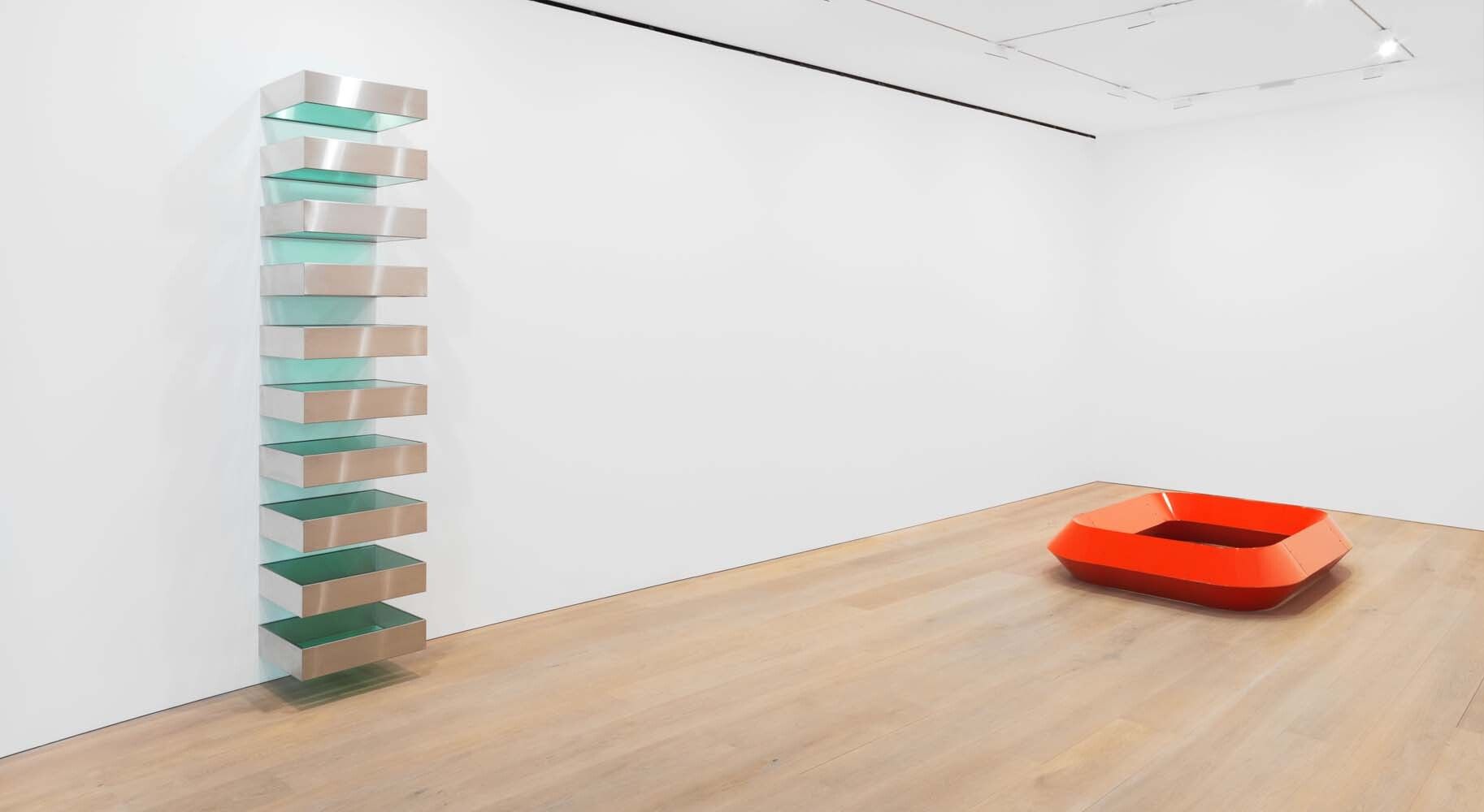An installation view of an exhibition titled Donald Judd at David Zwirner, London, in 2013.