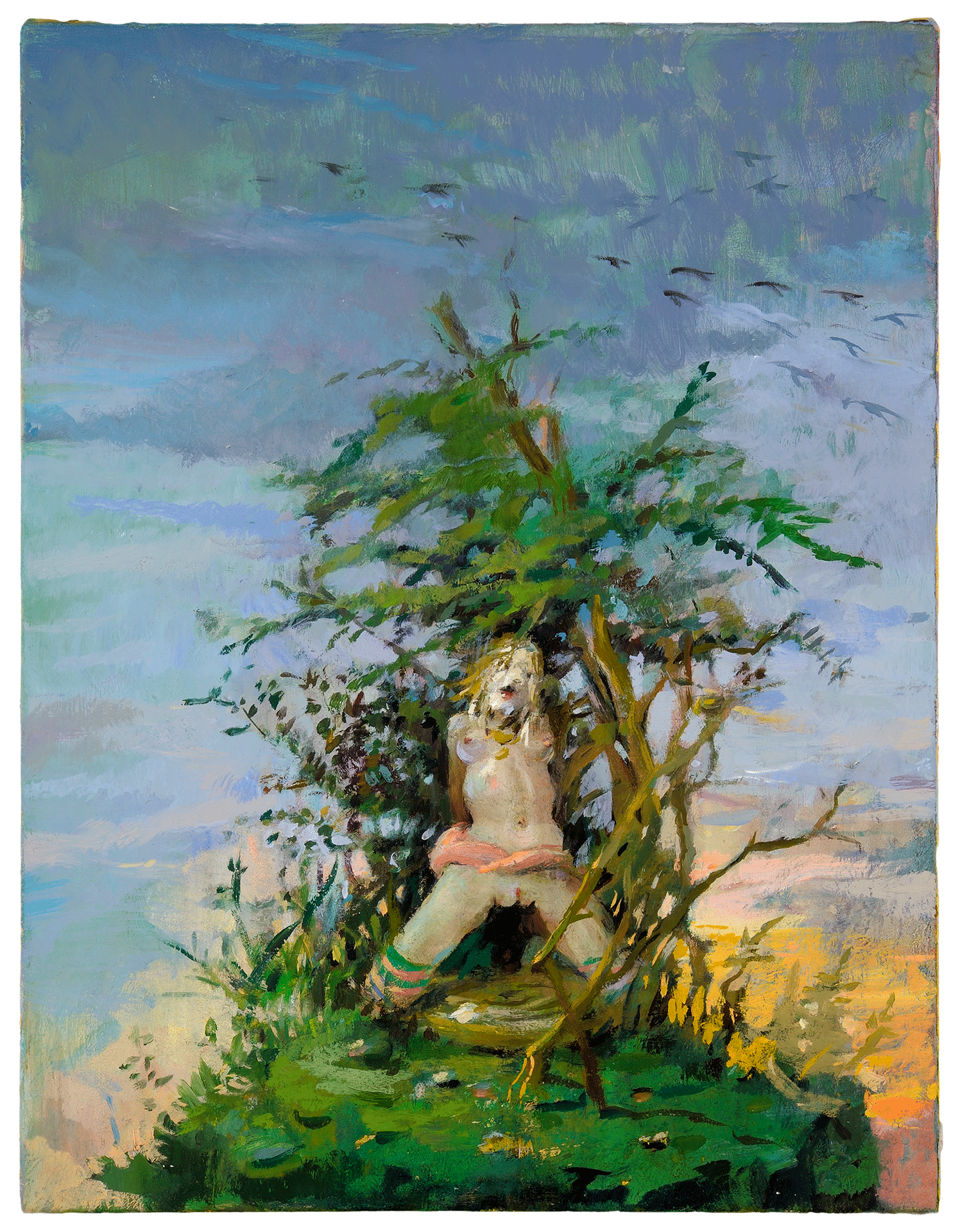 A painting by Lisa Yuskavage, titled Figure in Landscape, dated 2008.