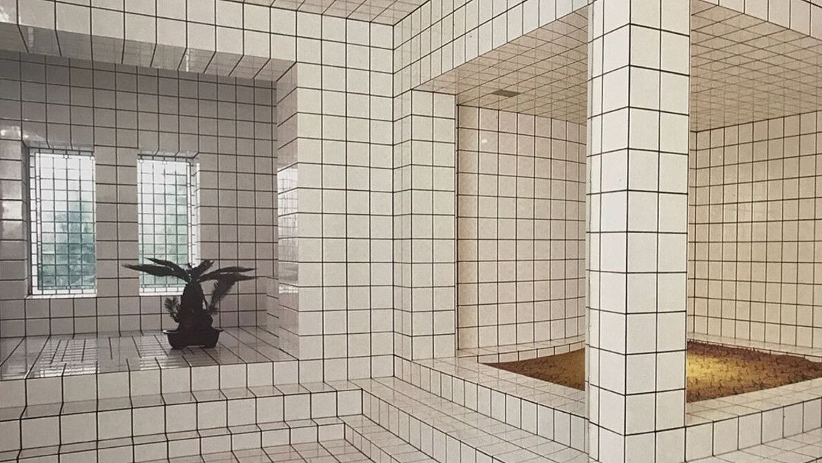 David Hockney, Man in Shower in Beverly Hills, 1964 (detail) and Jean-Pierre Raynaud's La Maison de La Celle-Saint-Cloud, Paris, opened in 1974