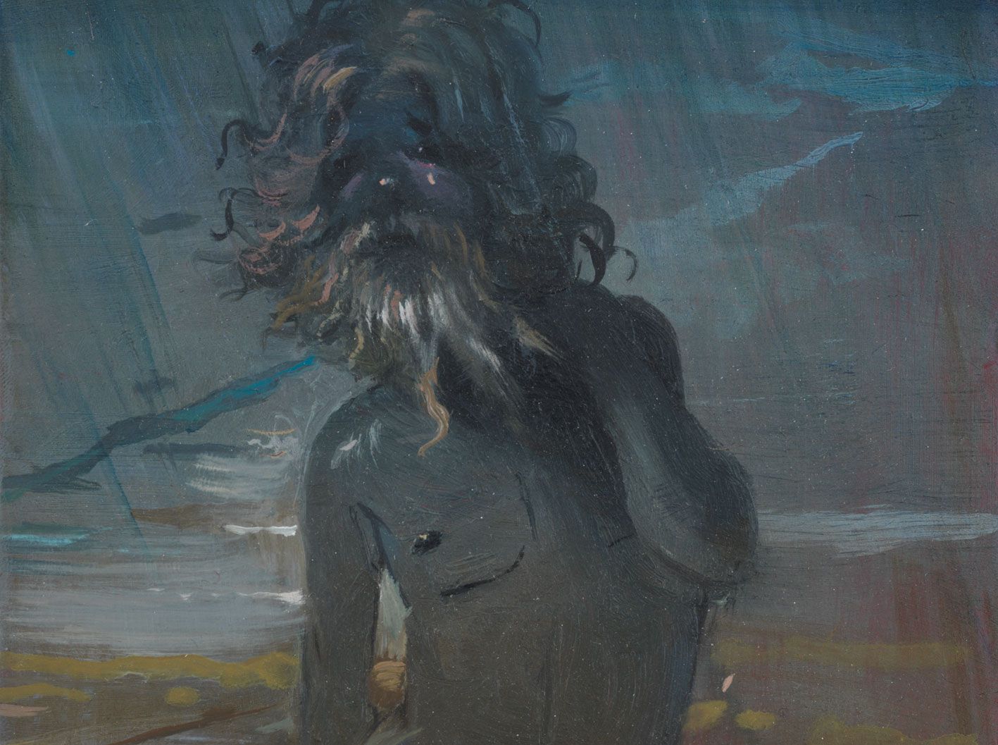 A detail from a painting by Lisa Yuskavage, titled The Last of the Hudson Highlanders, dated 2015.