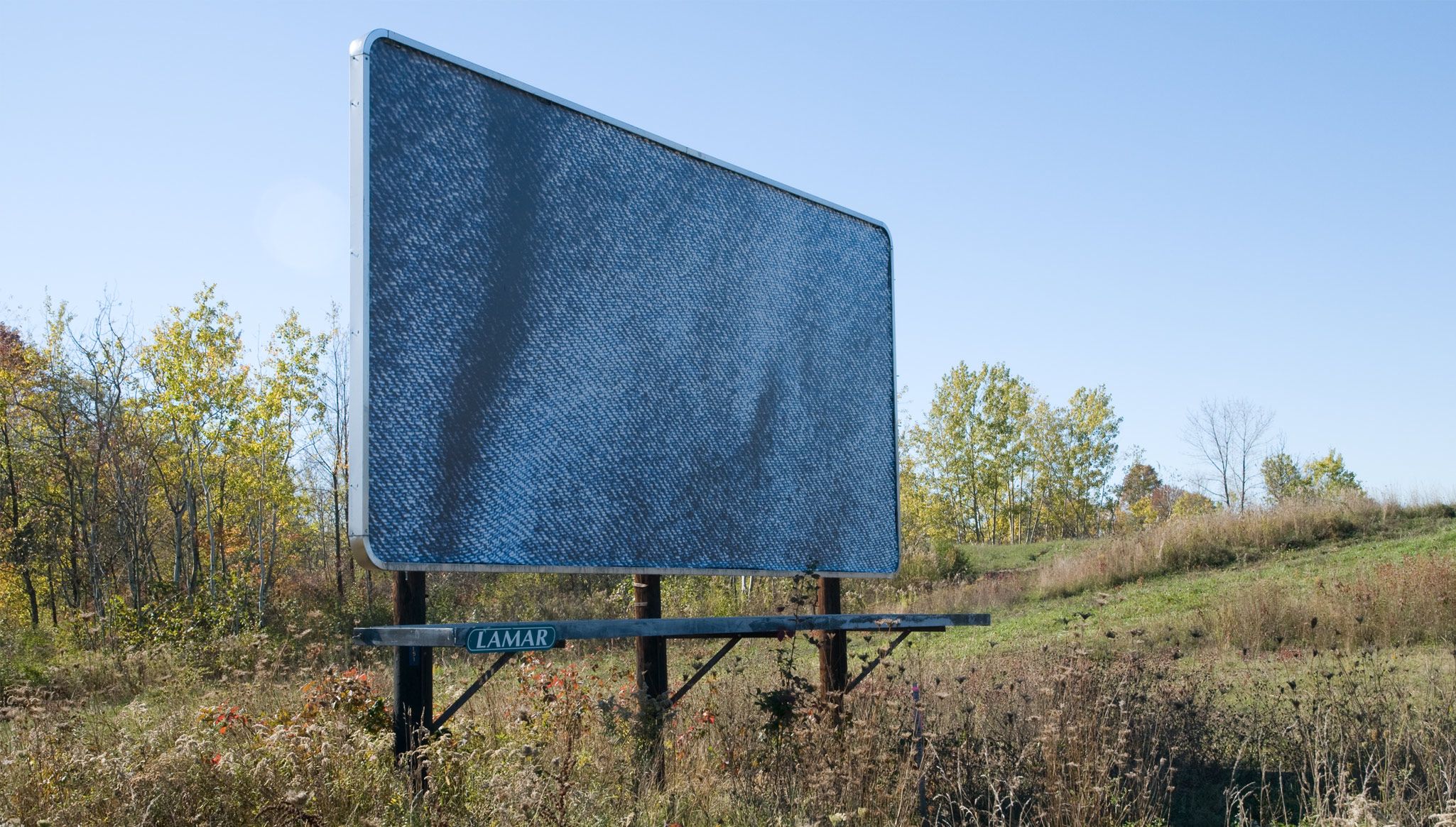 An installation view of an untitled work (The New Plan), dated 1991 in Benjamin Franklin Highway, Frizzleburg, Pennsylvania, as part of the exhibition AGENCY: Art and Advertising at McDonough Museum of Art, Youngstown, Ohio, dated 2008