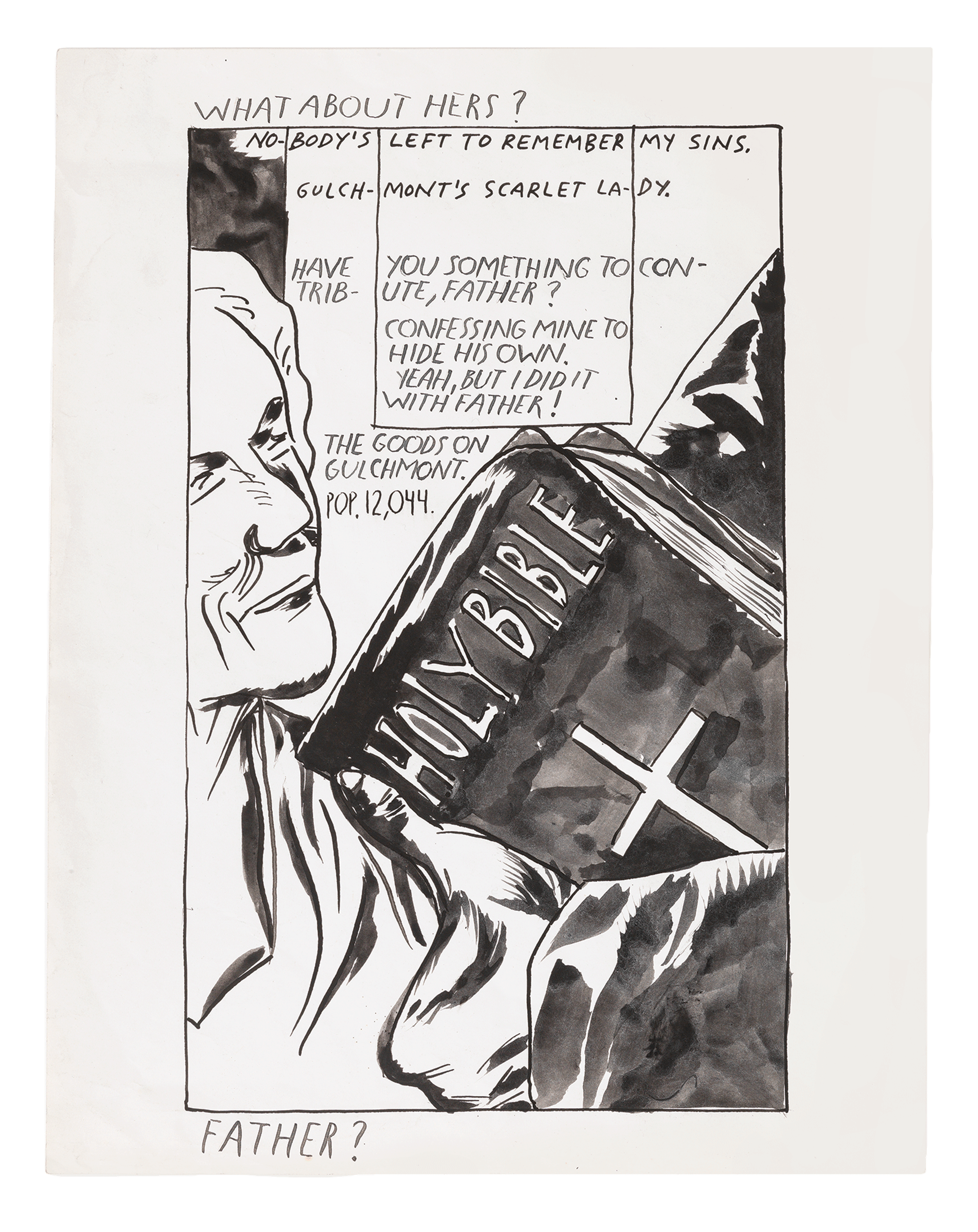 A drawing by Raymond Pettibon titled No Title (What about hers?...), dated 1986.