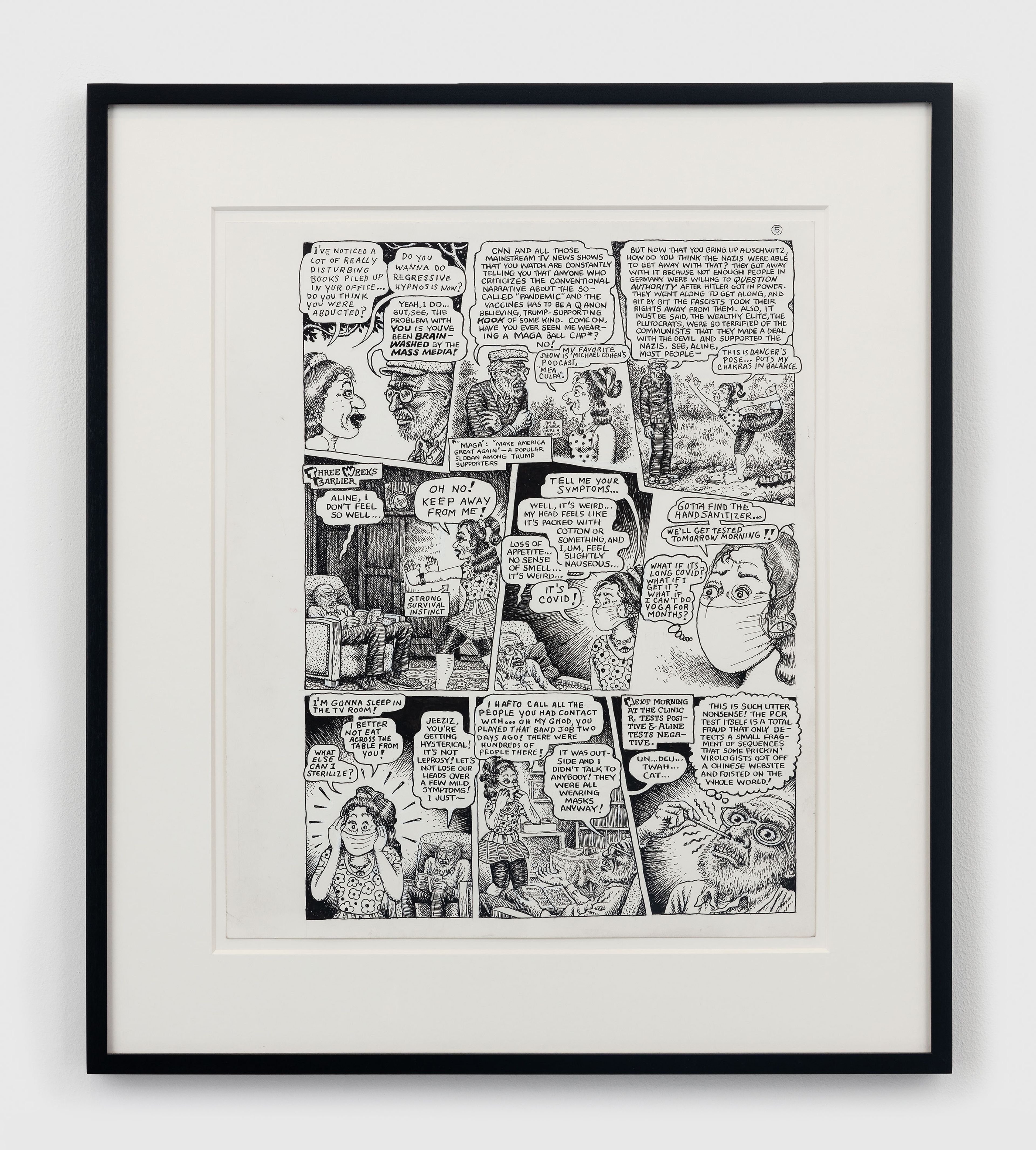 A 10-page ink and correction fluid on paper artwork by Aline Kominsky-Crumb and R. Crumb, titled Crumb Family Covid Exposé, dated 2021.