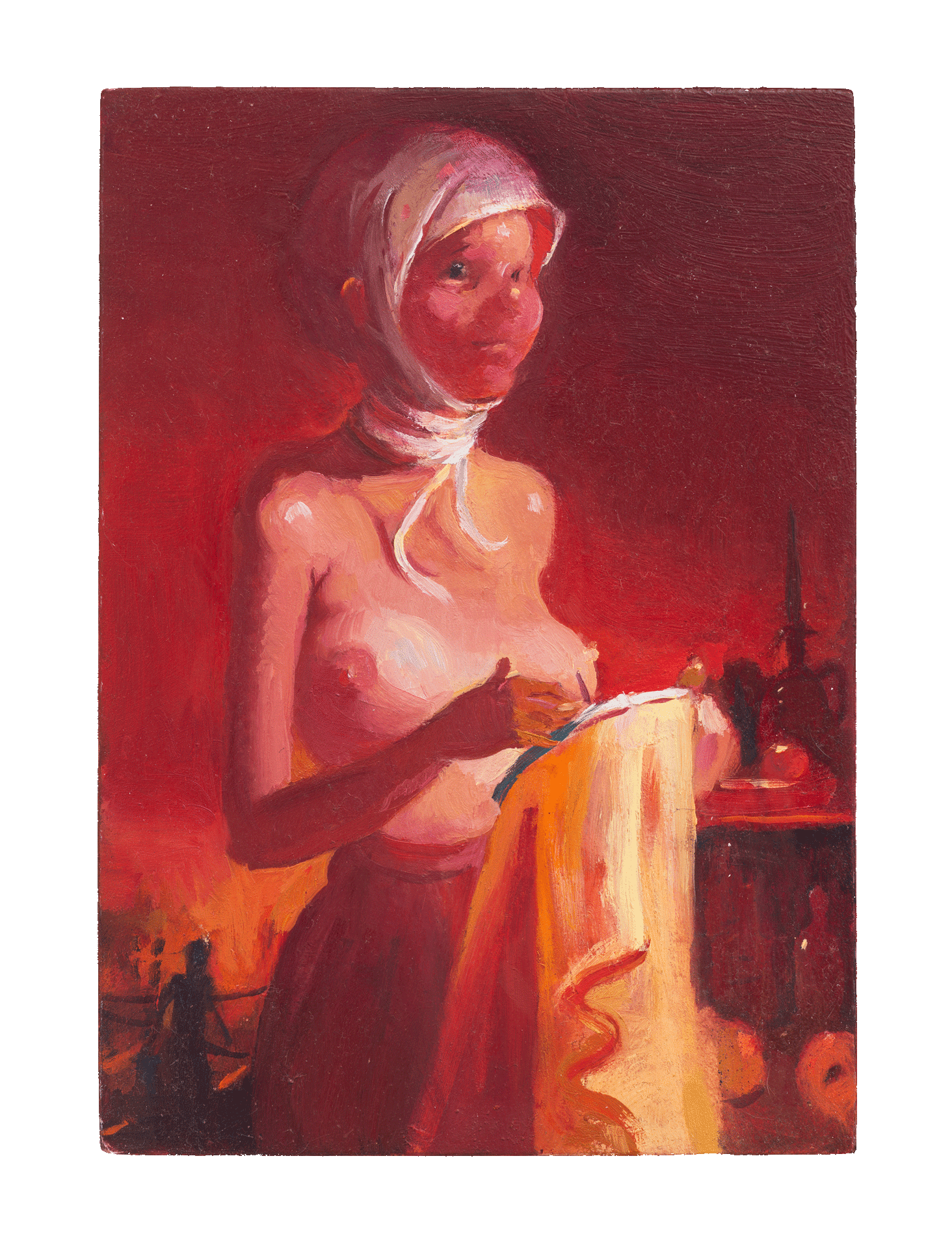 A painting by Lisa Yuskavage, titled Embroiderer, dated 2005.