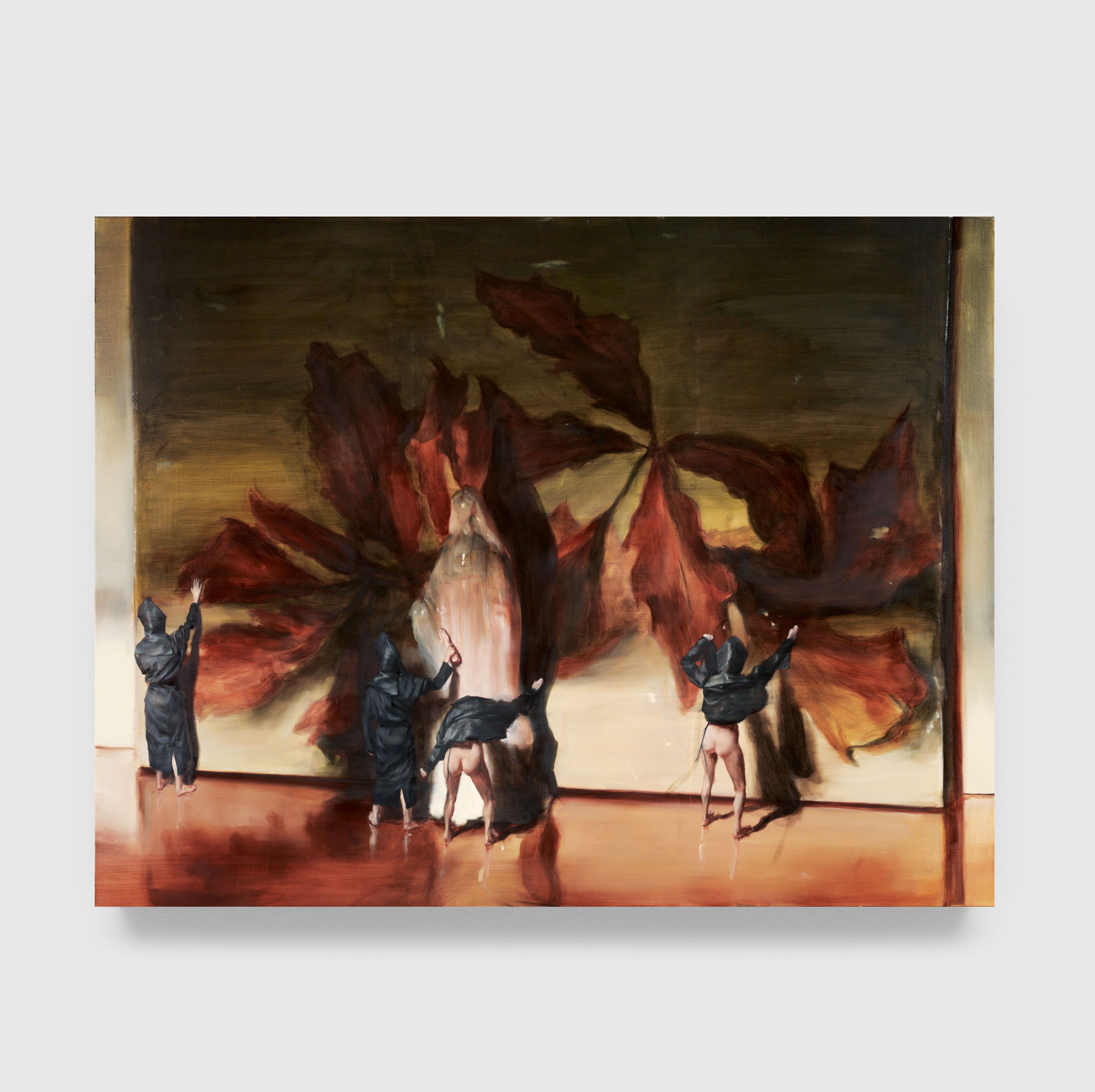 An oil on canvas painting by Michael Borremans, titled Black Mould / The Leafs, dated 2015.
