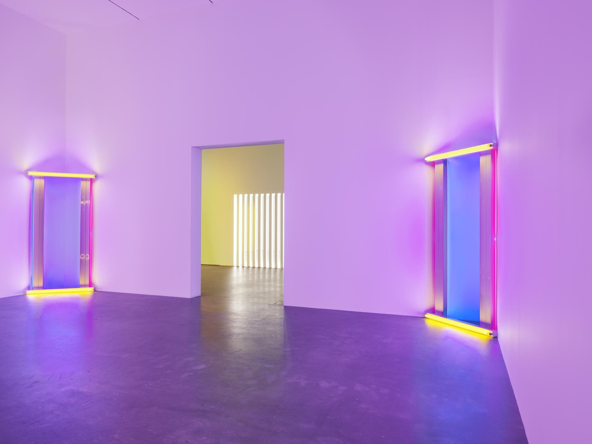 Installation view of the exhibition Dan Flavin: Corners, Barriers and Corridors, at David Zwirner in New York, 2015.