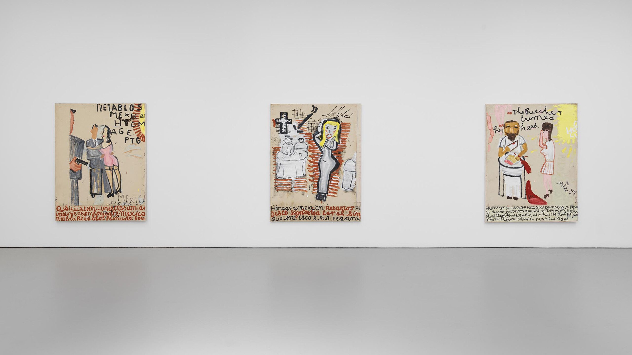 An installation view of an exhibition title Rose Wylie: Which One at David Zwirner, New York, in 2021.