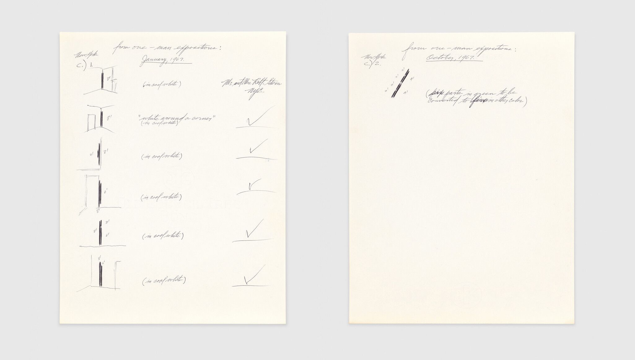 Working checklists for two shows to be presented at Kornblee Gallery, hand-drawn by Flavin with specifications for the works to be included in each show.