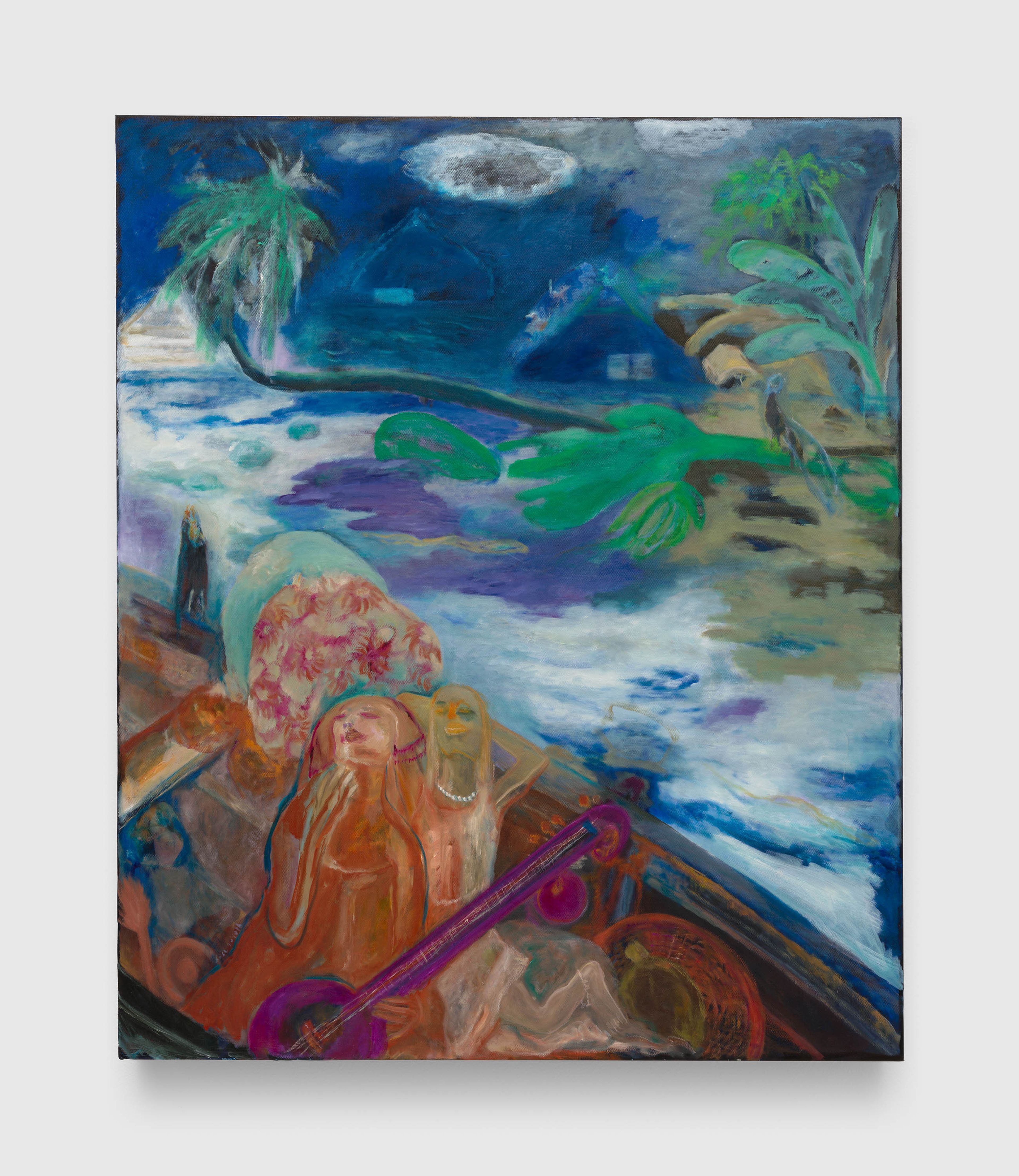 A painting by Sosa Joseph, titled Amma wants to finish singing before the flood drowns her, dated 2024 to 2025.