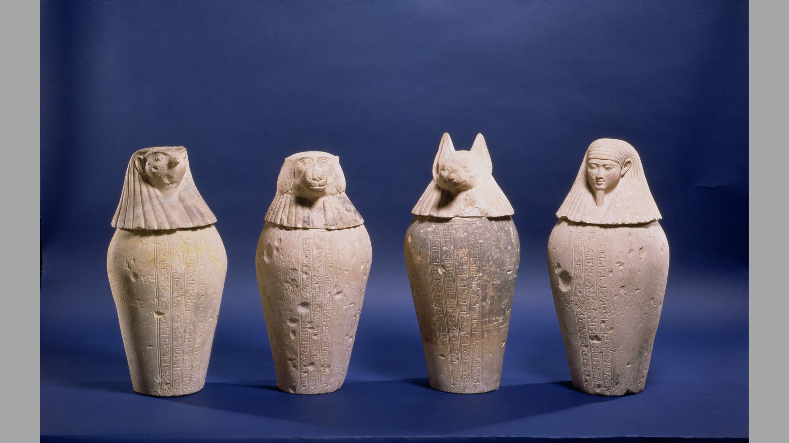 A photo of Canopic jars belonging to Djedbastetefankh, from his tomb at Hawara, Late Period, dated c.380–342 BC.