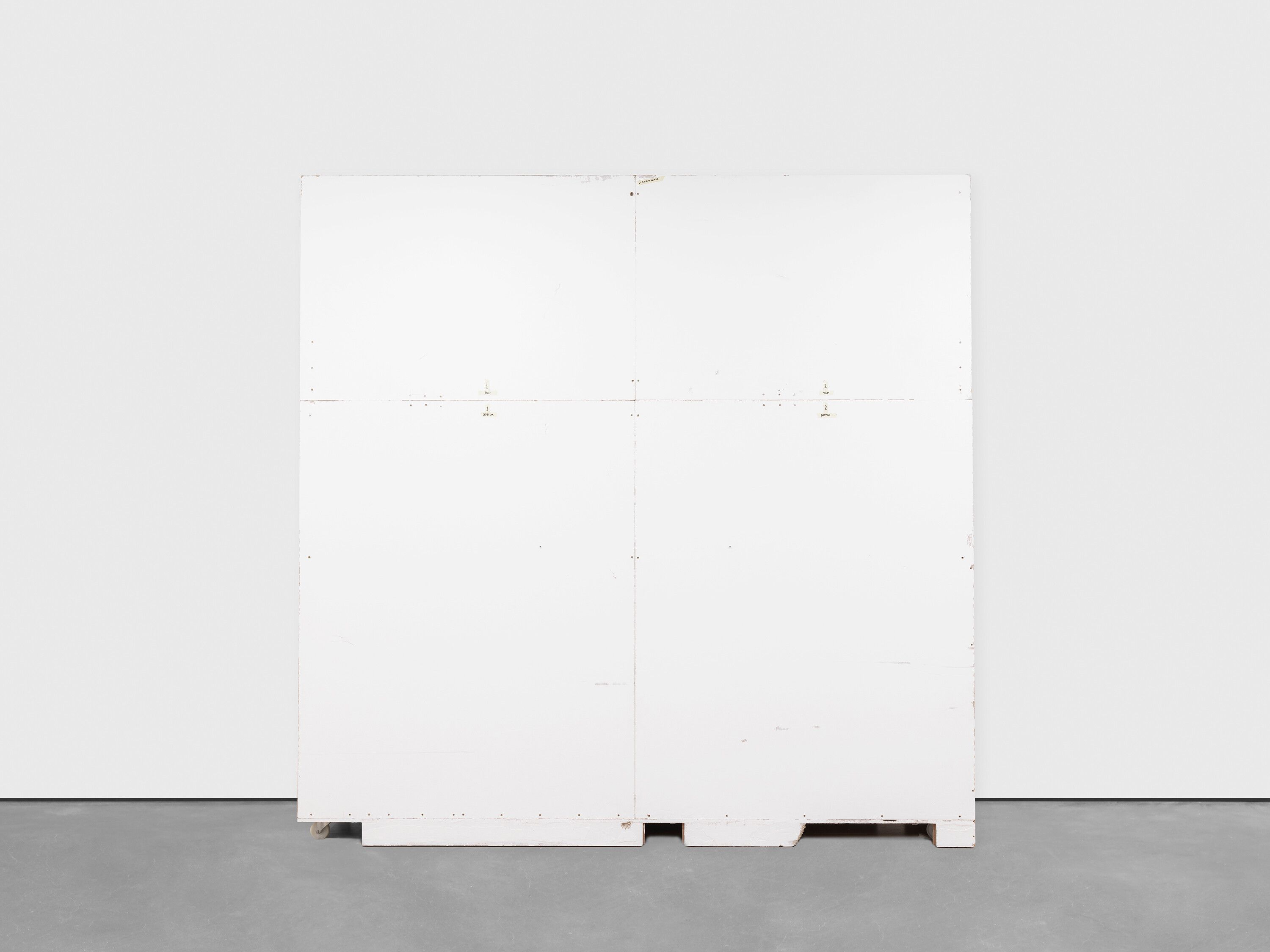 A mixed media artwork by Christopher Williams, titled Wall designed by Dirk Ufermann, Head Technician, Bonner Kunstverein, Bonn. Constructed by Objekt Design Persighetti Ltd. for the exhibition Open Letter: The Family Drama Refunctioned? (From the Point of View of Production), 17 March - 20 May, 2017, David Zwirner, London after drawings by Pasztori Simons Architects, Berlin with Avery Dennison 500 Event Film Matt vinyl (color code: 707EM) installed by Imga Imaging Ltd. Kent, UK (2/6) 2017 Plywood, metal, wood, and adhesive vinyl  350 x 350 x 57 cm Wall constructed by Objekt Design Persighetti Ltd, Leichlingen, Germany Vinyl installed by Igma Imaging Ltd., Kent, UK,  dated 2017. 
