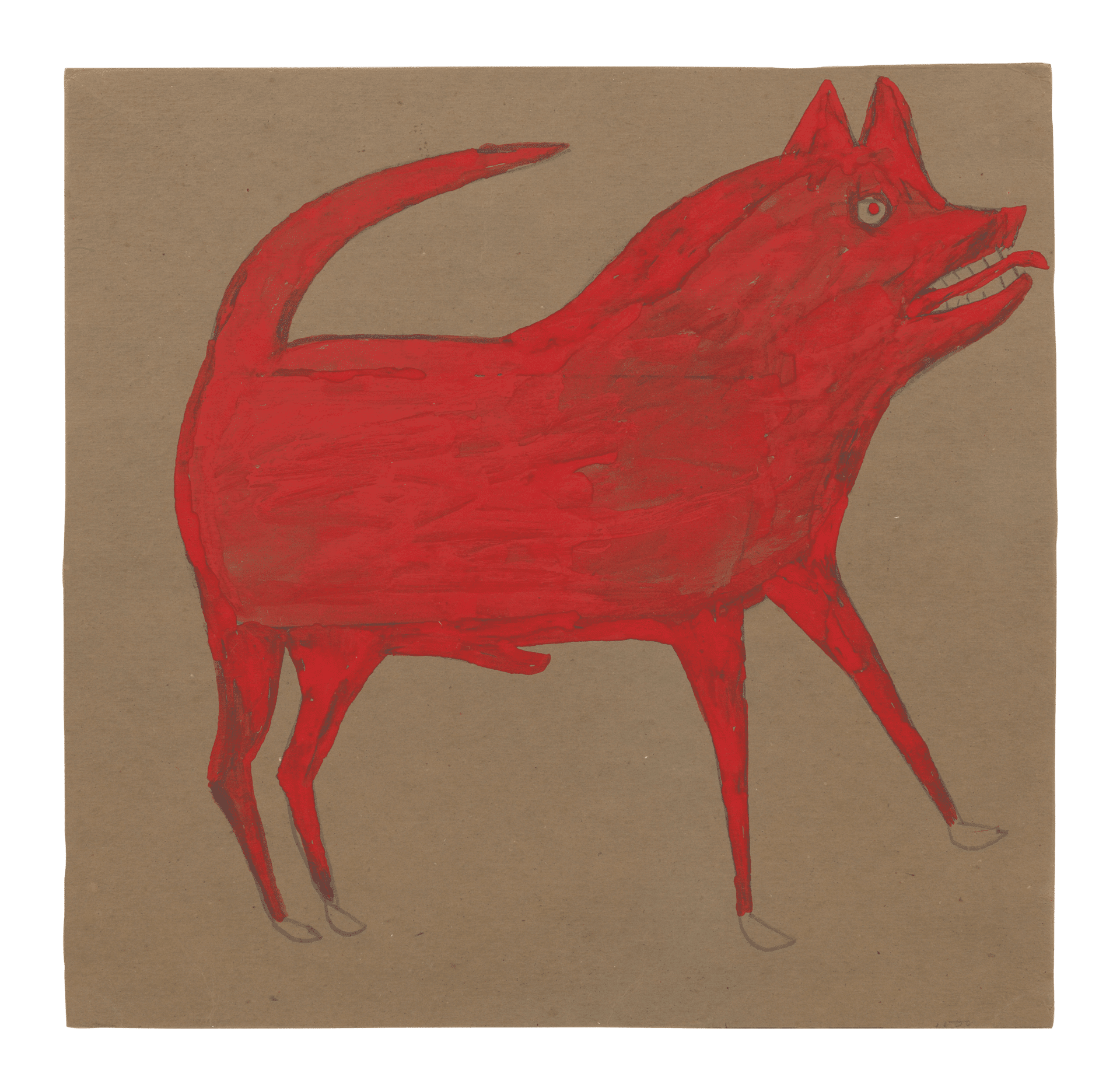A mixed media work on cardboard by Bill Traylor, titled Red Dog, 1939 to 1942.