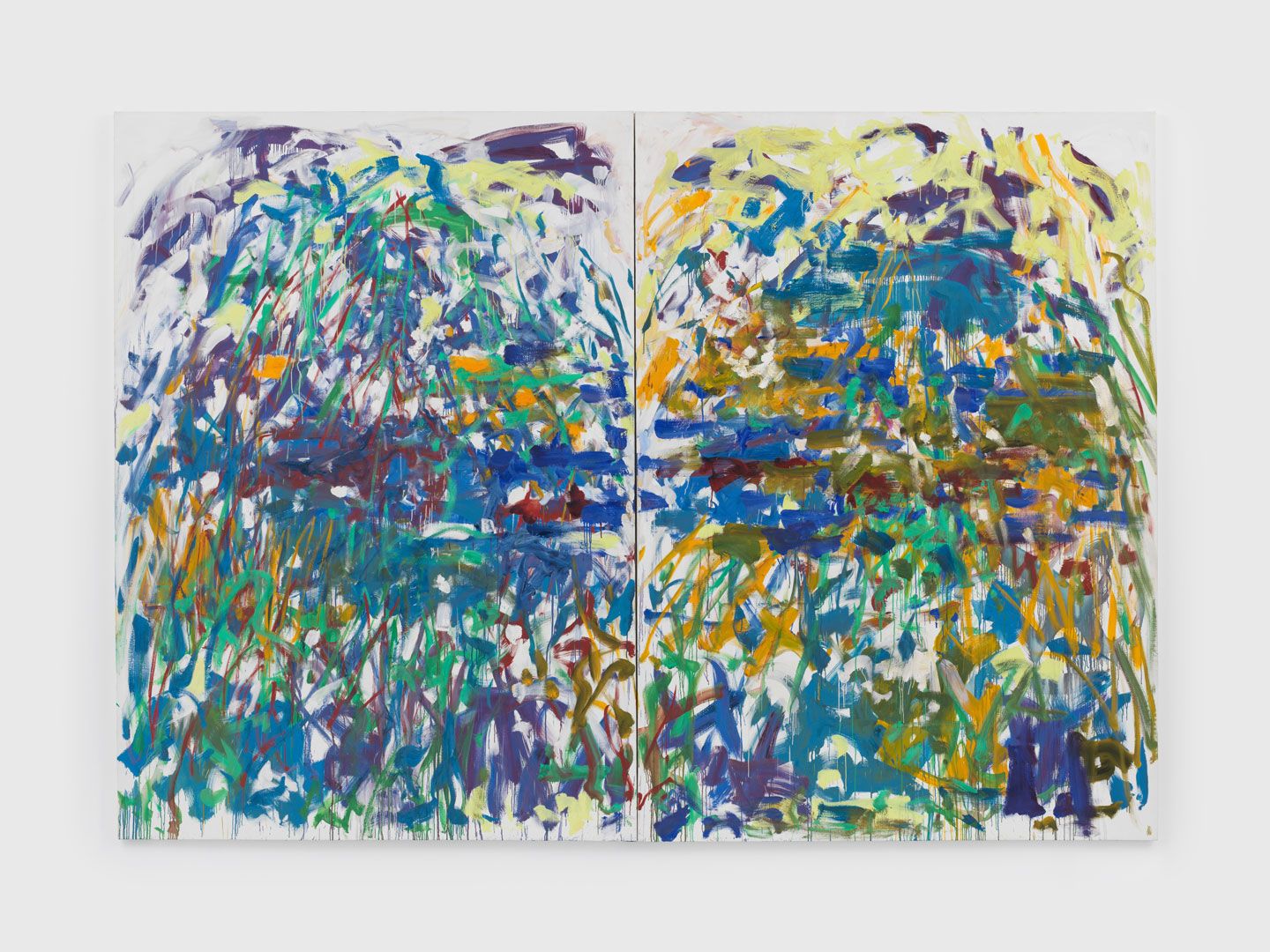 A painting by Joan Mitchell in two parts, titled Rivière, dated 1990.