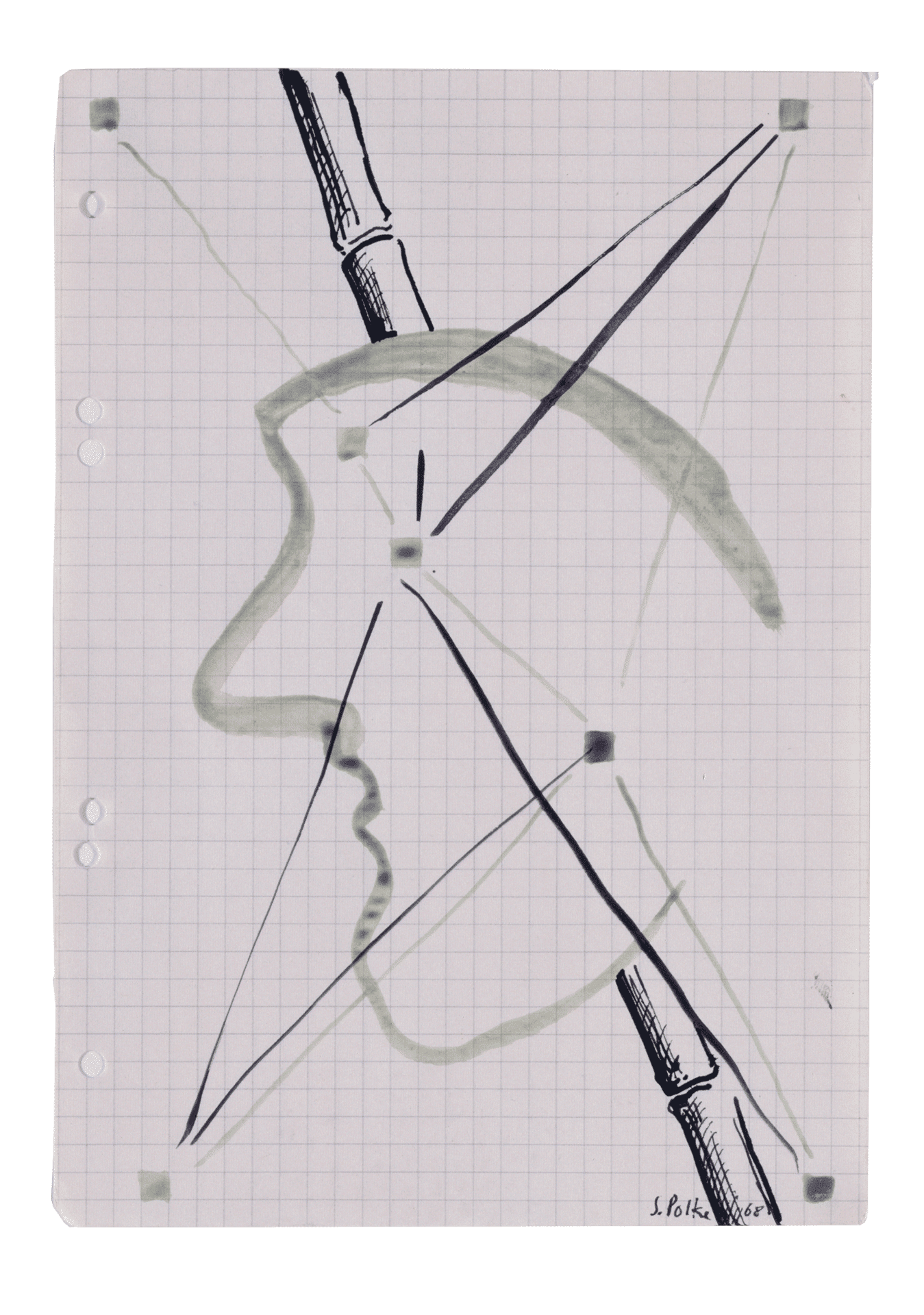 A drawing by Sigmar Polke, titled Ohne Titel (Gesicht mit Bambusstab), dated 1968.