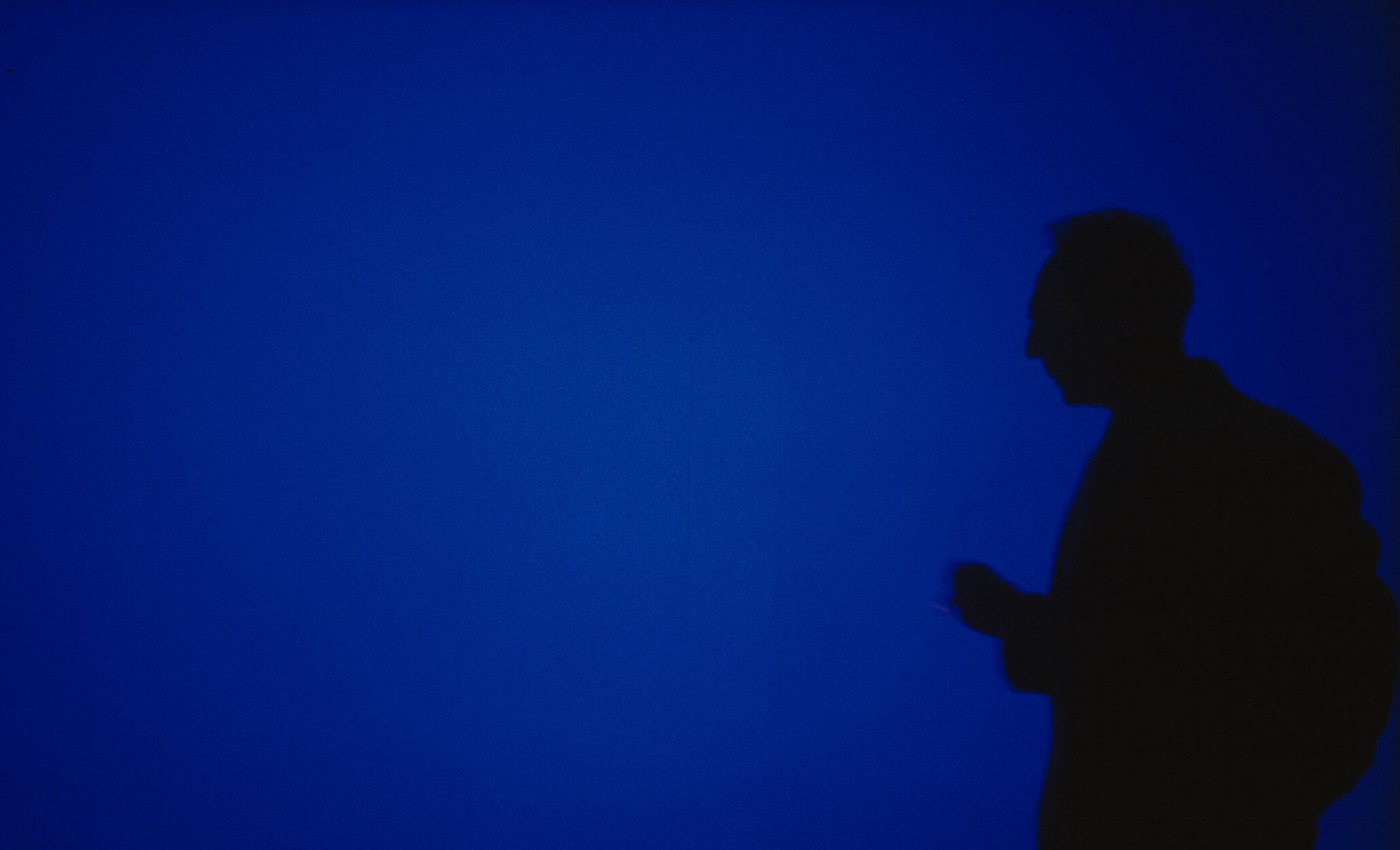 An Installation view of Derek Jarman’s Blue, 1993, taken during the final sound mix at De Lane Lea, Dean Street, London, in late 1992. Photo by Liam Daniel.