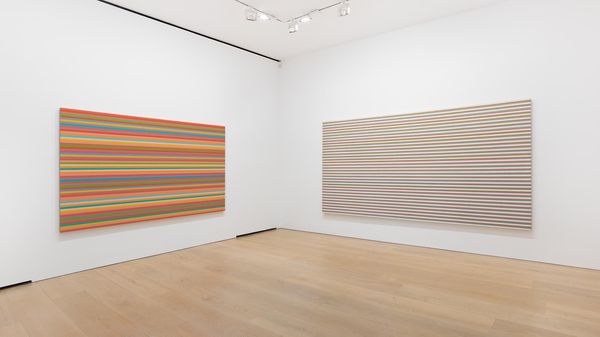 An installation view of the exhibition Bridget Riley: The Stripe Paintings 1961-2014, at David Zwirner London, dated 2014.