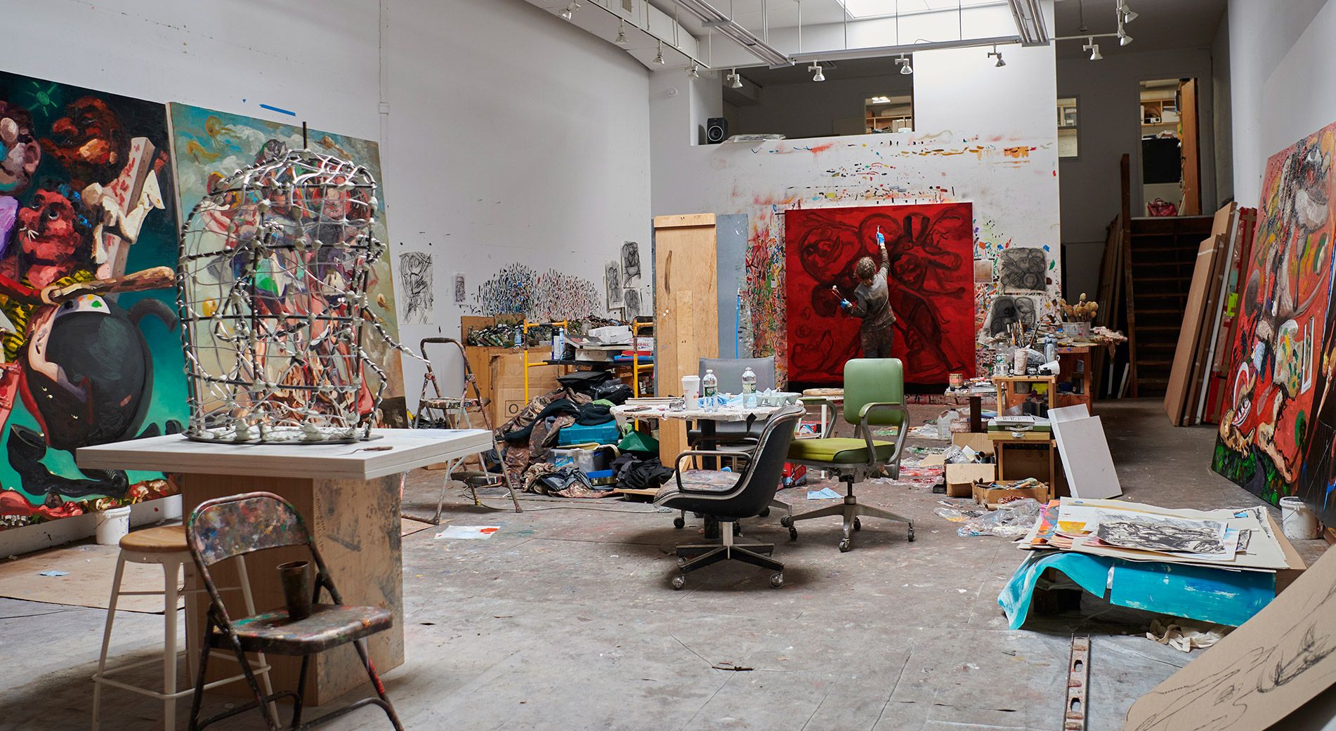 A photo of Dana Schutz in her studio, dated 2021. Photo by Jason Schmidt.