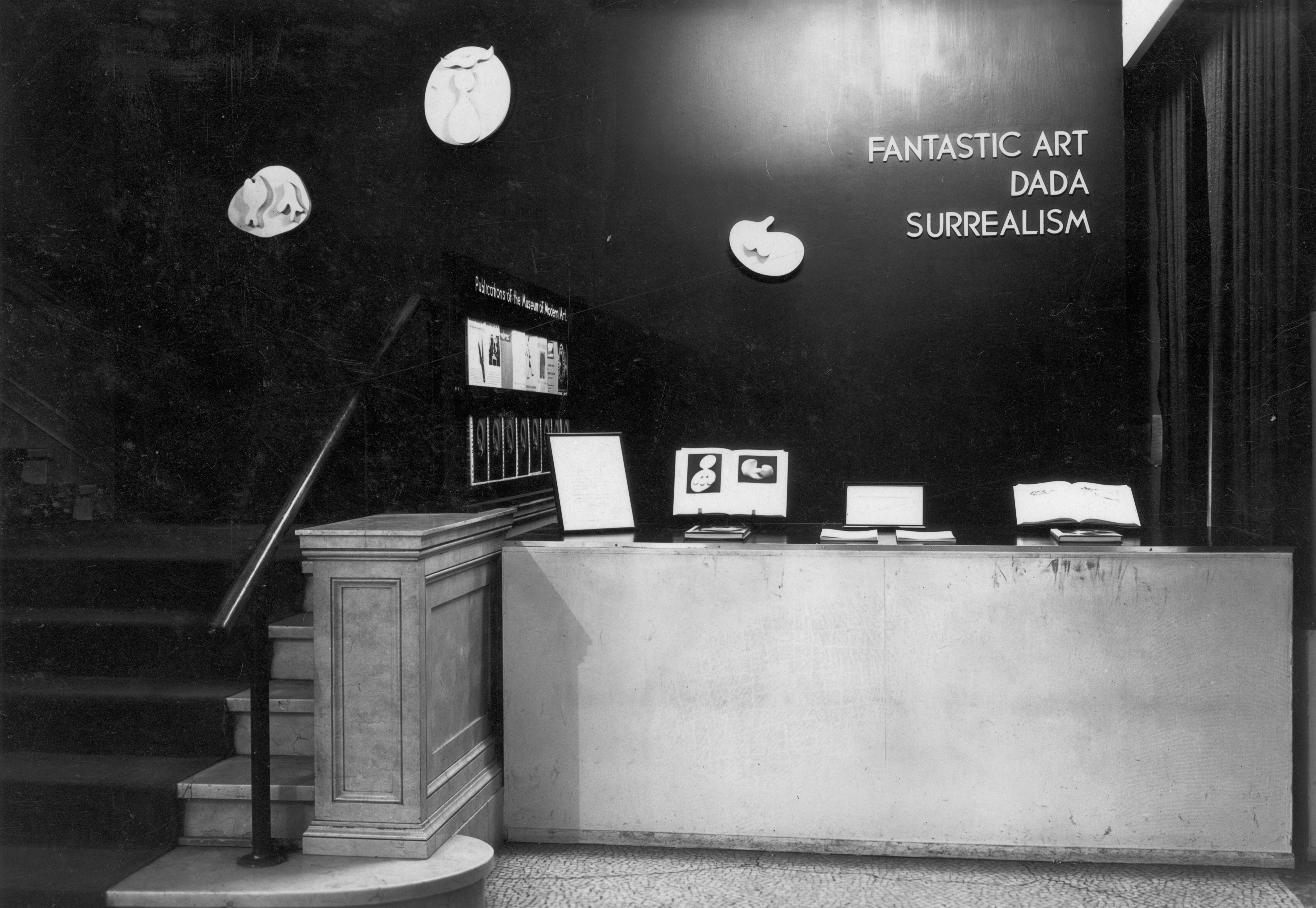 Installation view of the exhibition Fantastic Art, Dada, Surrealism, at The Museum of Modern Art in New York, dated 1936 to1937.