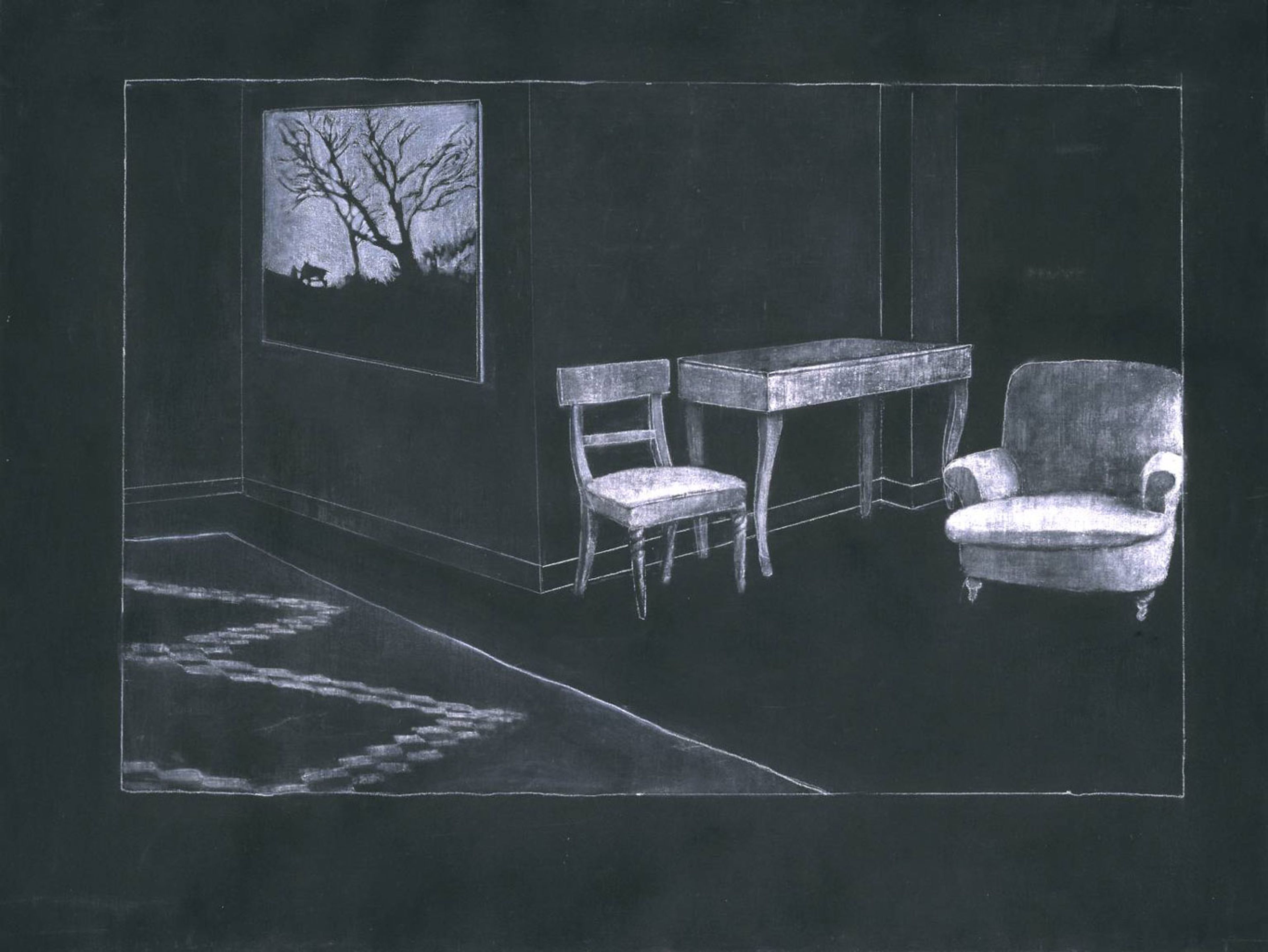 A white drawing on black paper by Juan Muñoz, titled Raincoat Drawing, dated 1989.