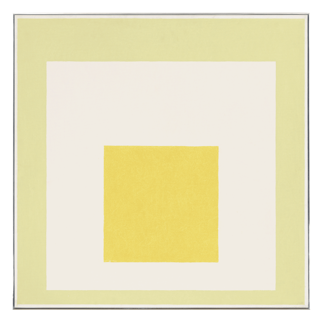 Am oil painting in Masonite by Josef Albers titled Homage to the Square [White Aura], dated 1968.