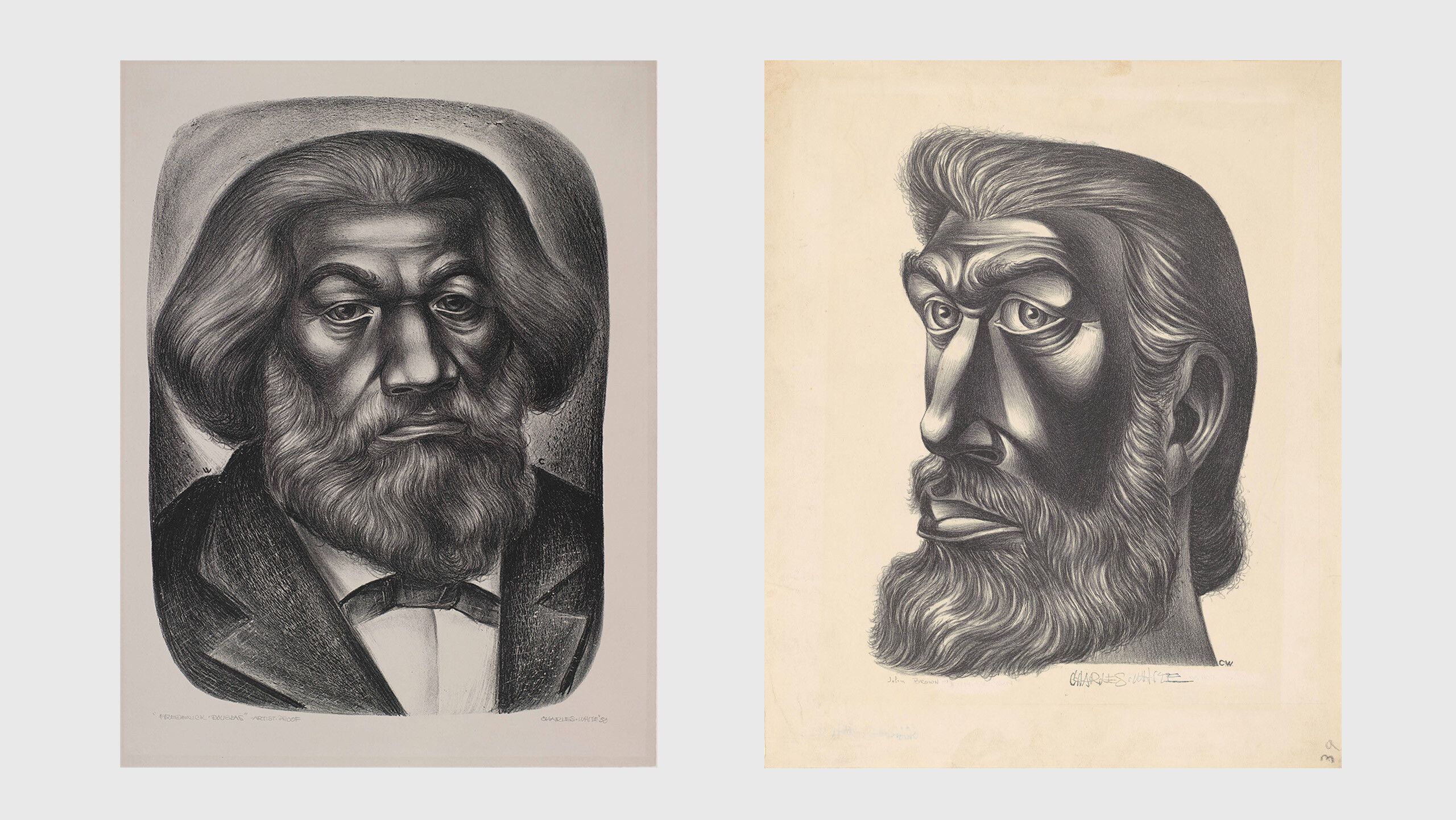 Charles White, Frederick Douglass, dated 1951 (left); Charles White, John Brown, dated 1949. Metropolitan Museum of Art, New York (right) 