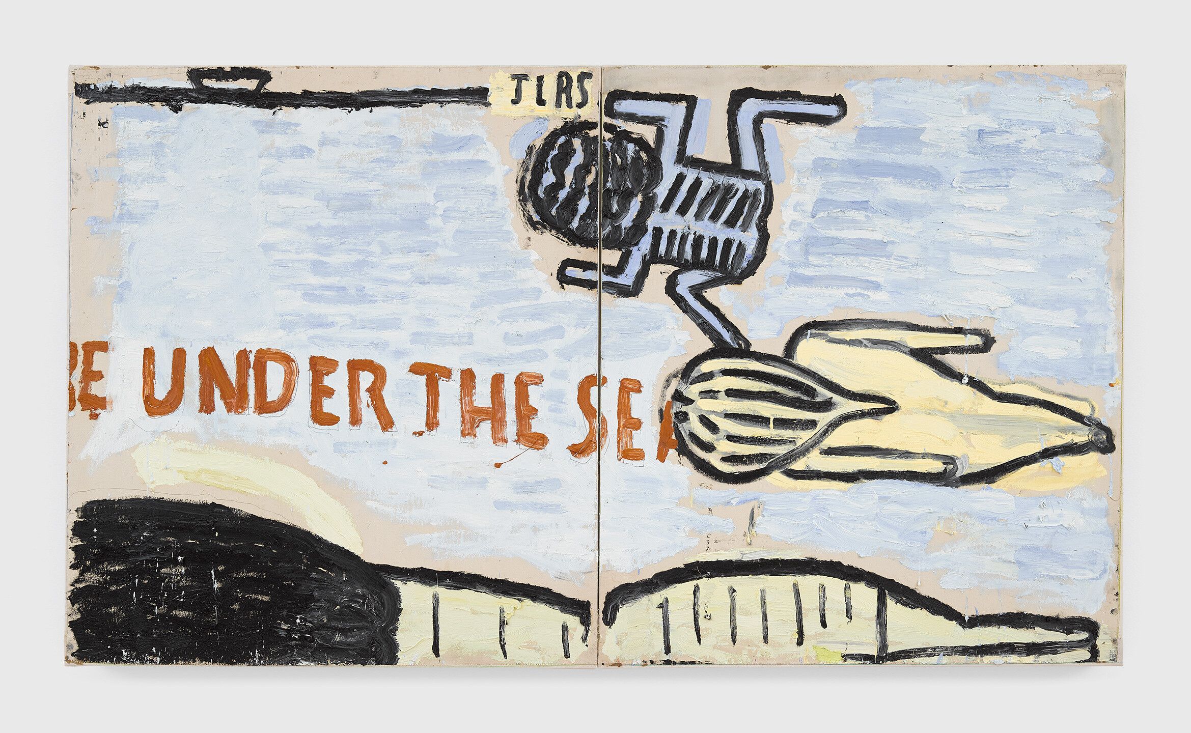 An oil painting on canvas in two parts by Rose Wylie, titled Under the Sea, dated 2020.