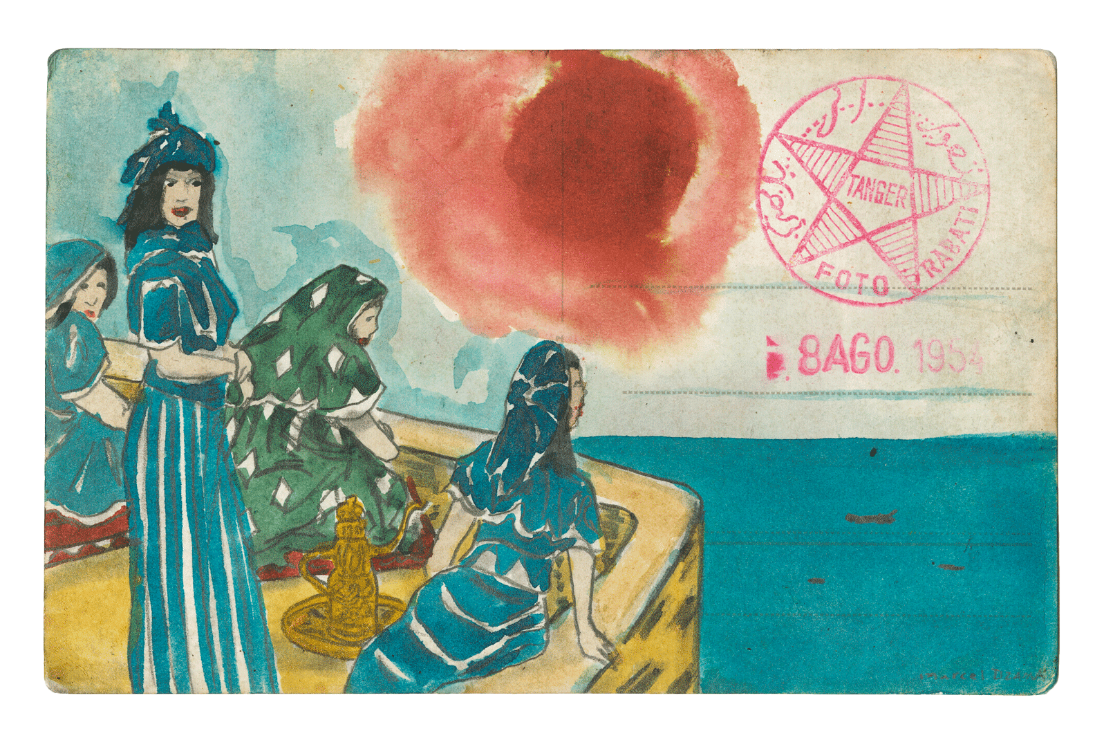 A work on paper by Marcel Dzama titled "By airmail" postcard, women having tea at the Continental Hotel terrace, dated 2018.