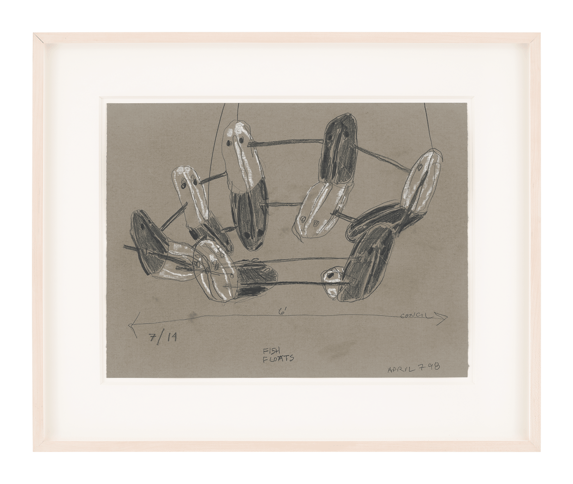 A mixed media work on paper by Al Taylor, titled Fish Floats (Council), dated 1998.