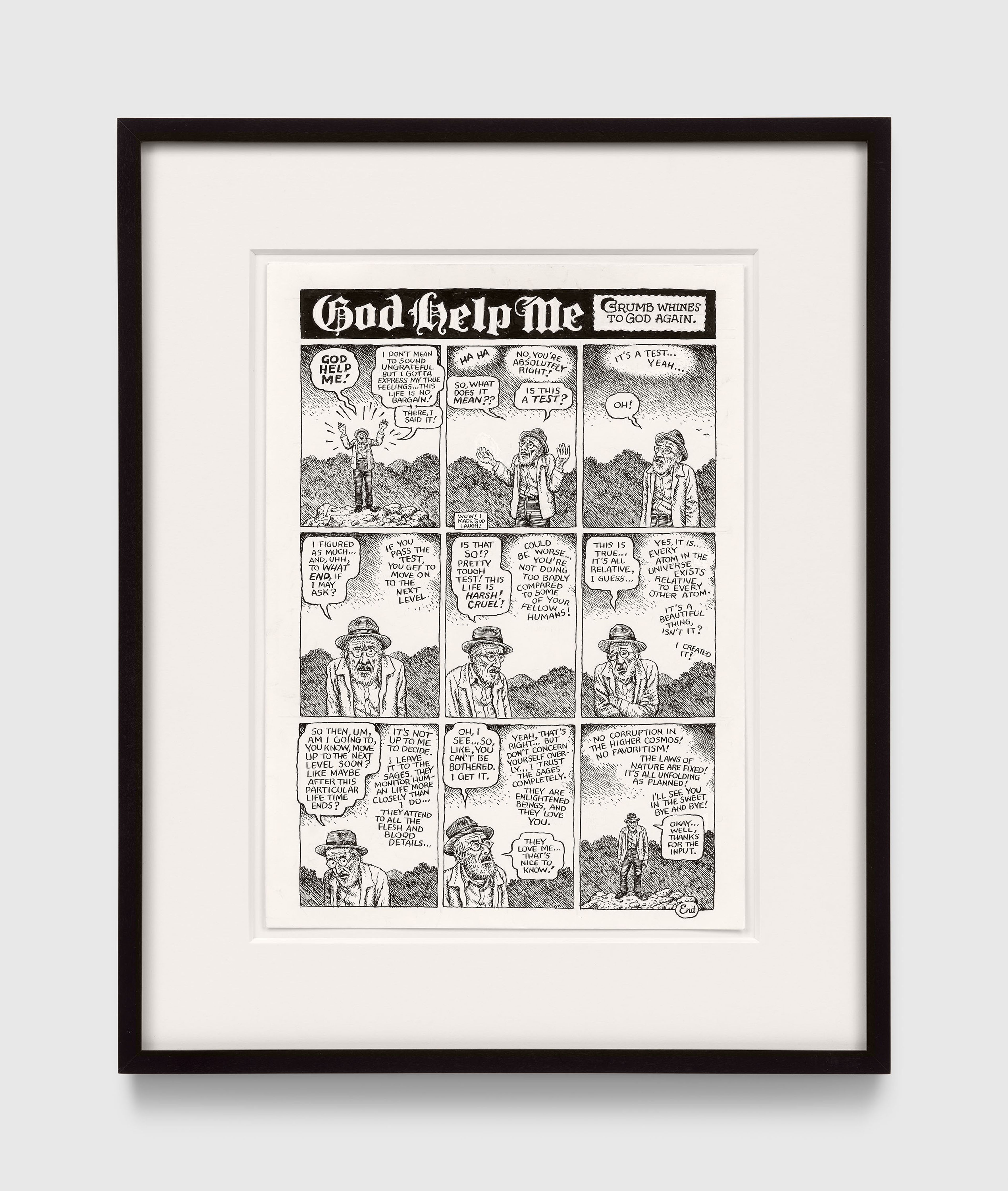 A work on paper by R. Crumb, titled God Help Me, dated 2025.