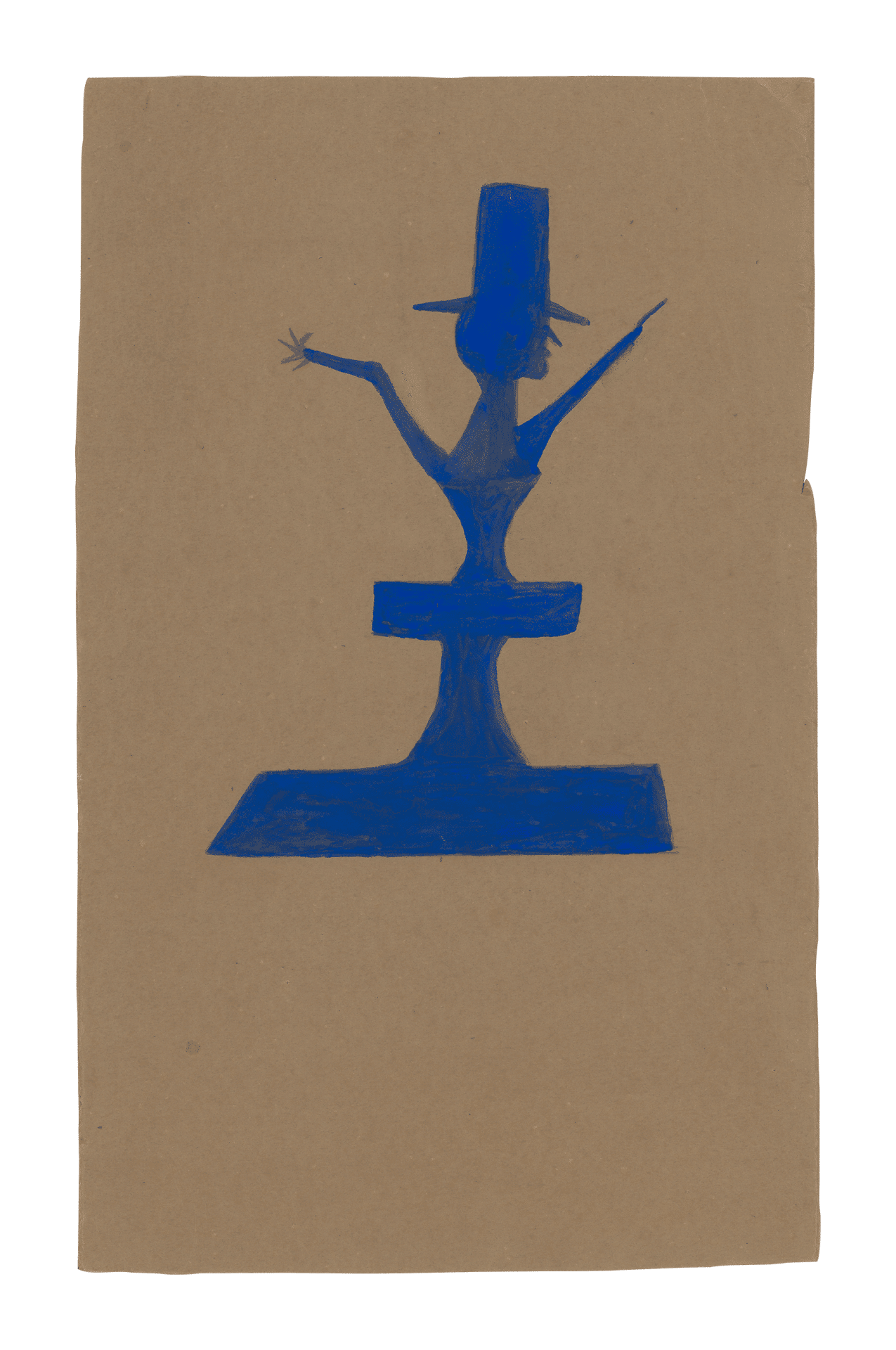 A mixed media work on cardboard by Bill Traylor, titled Blue Man with Hat atop Construction, 1939 to 1942.