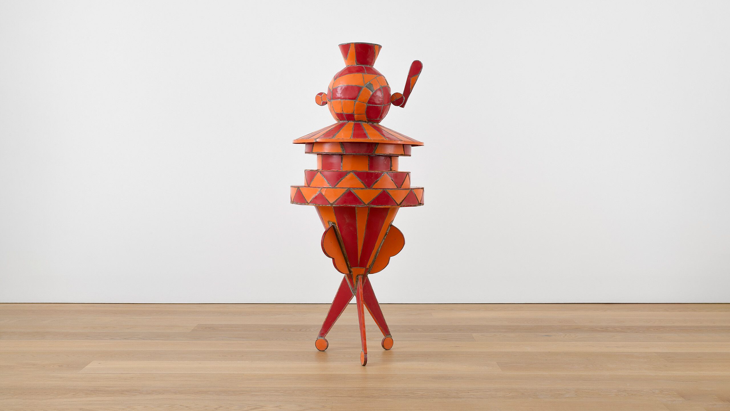 A sculpture by Marcel Dzama, titled Red rook #1, dated 2016.