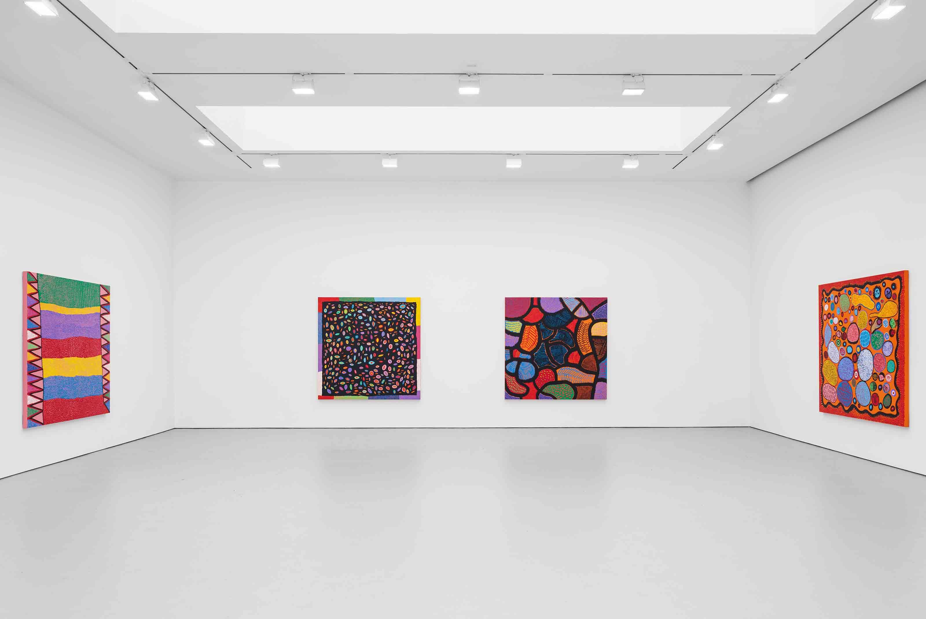 Installation view of the exhibition Yayoi Kusama: Give Me Love at David Zwirner in New York, dated 2015.