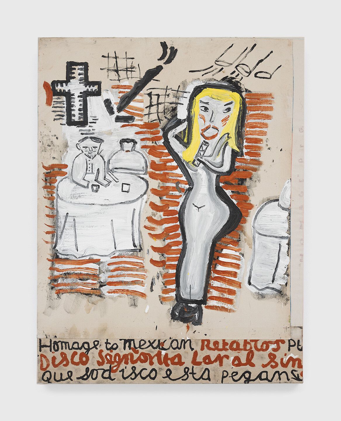 An oil painting on canvas by Rose Wylie, titled Disco Girl, homage to Retablos painting, dated 2020.