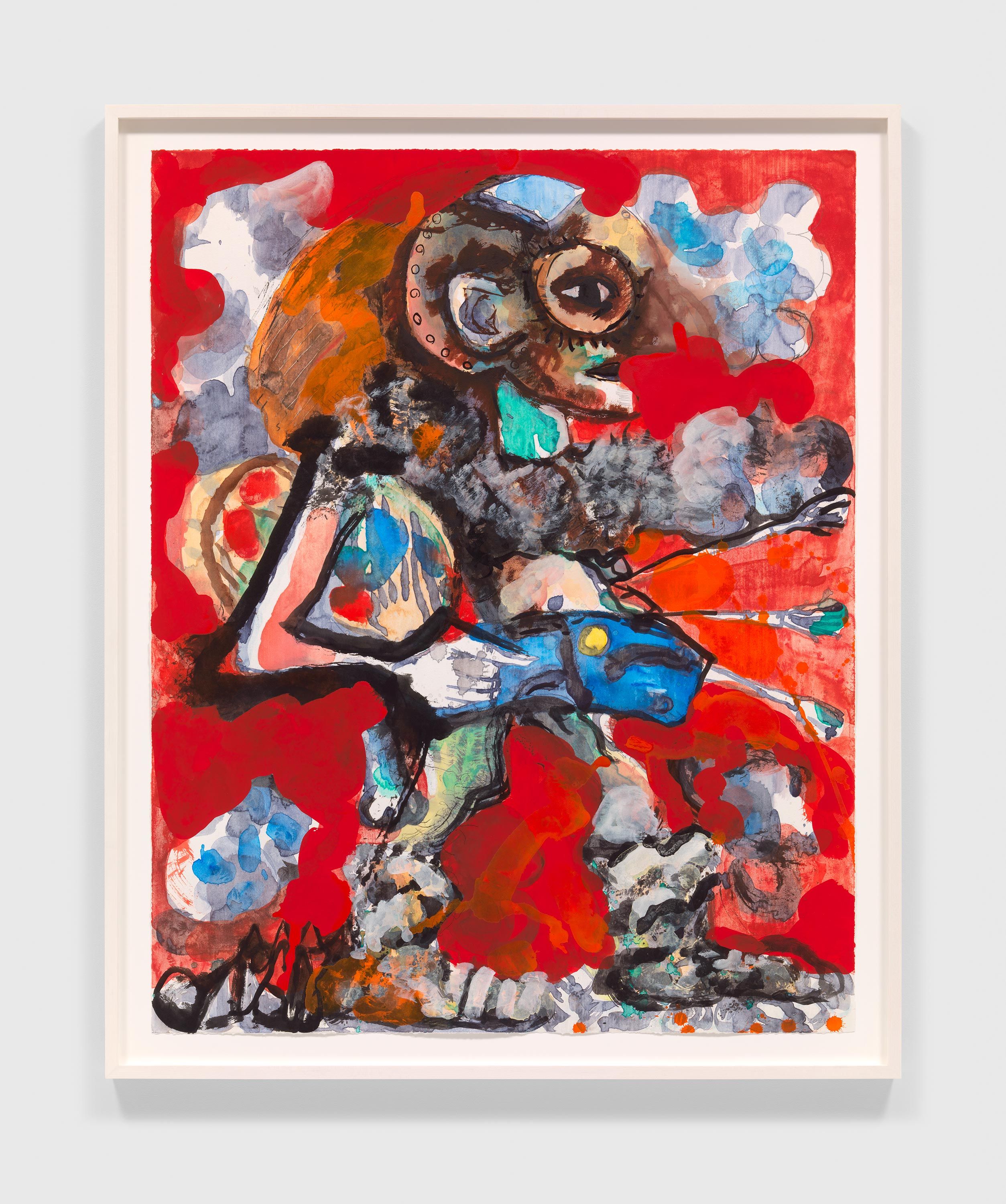 A watercolor monotype by Dana Schutz, titled Red Painter, dated 2021.
