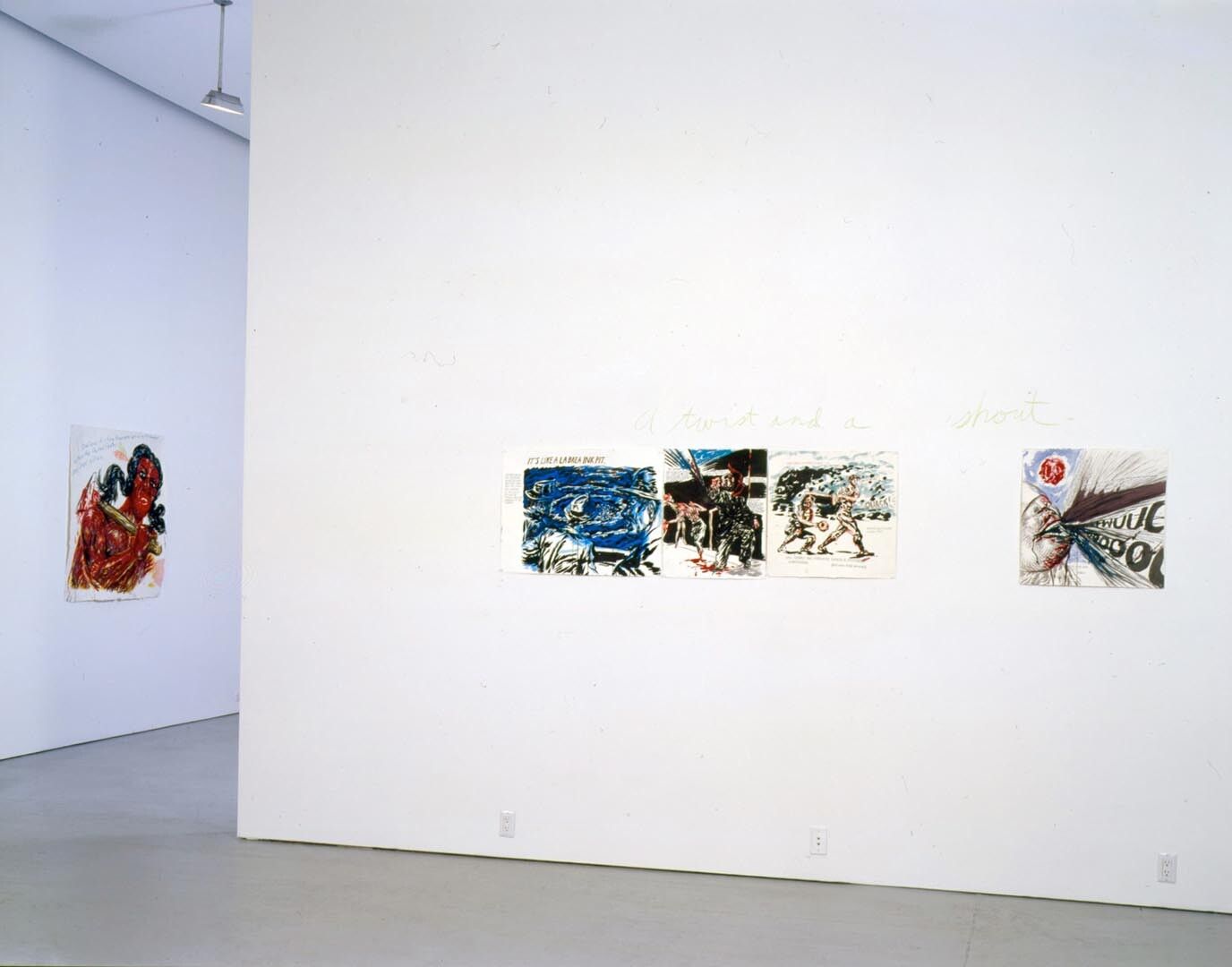 An installation view of the exhibition Raymond Pettibon: New Work, at David Zwirner New York, dated 2004.