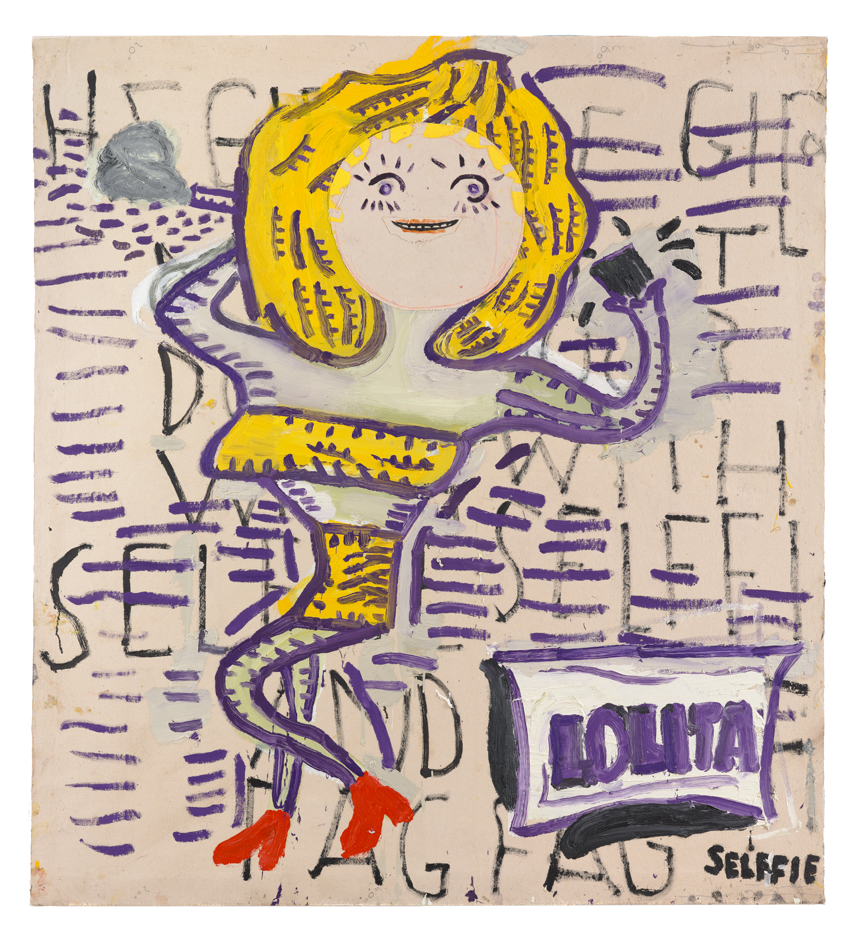 A painting by Rose Wylie, titled Lolita and Selffie, dated 2018. 