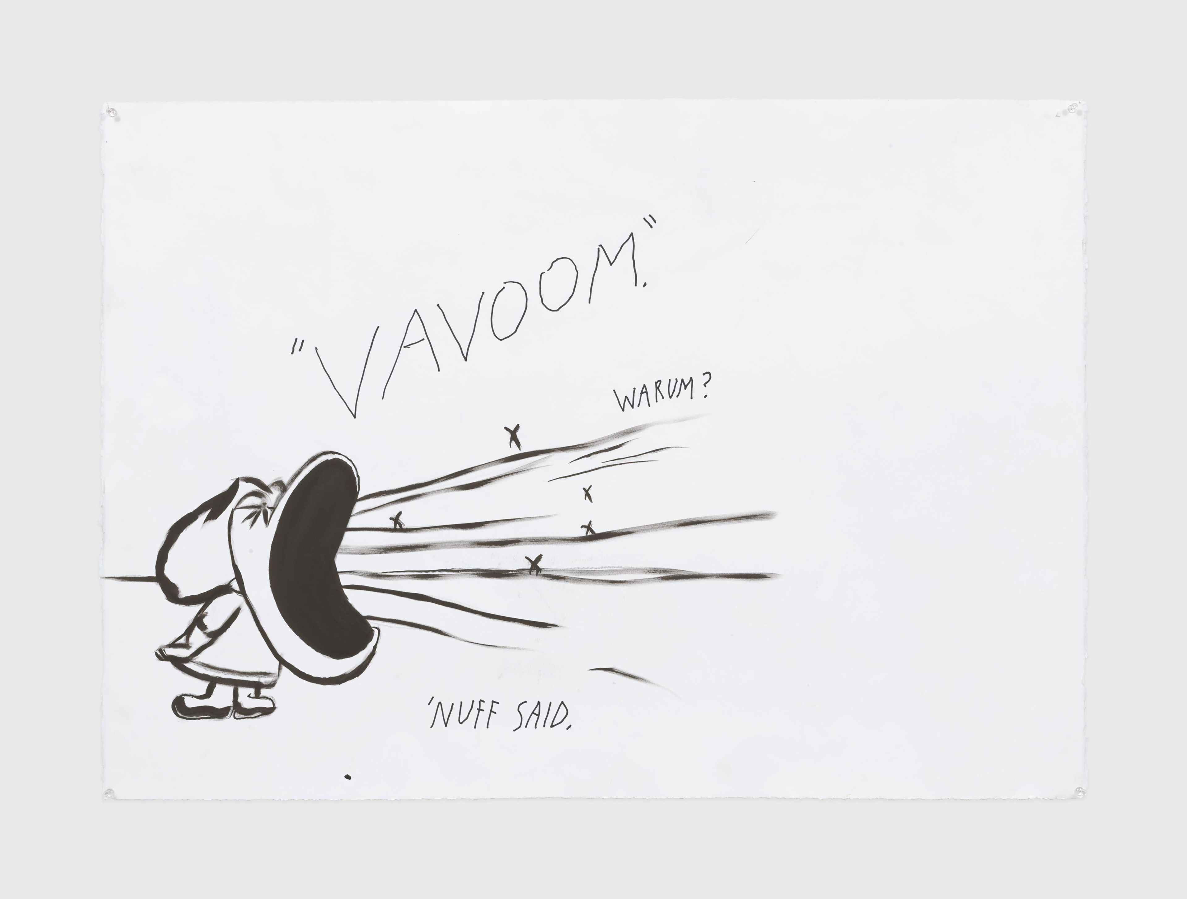 A work on paper by Raymond Pettibon, titled No Title ("Vavoom." warum? 'nuff...), dated 2019.