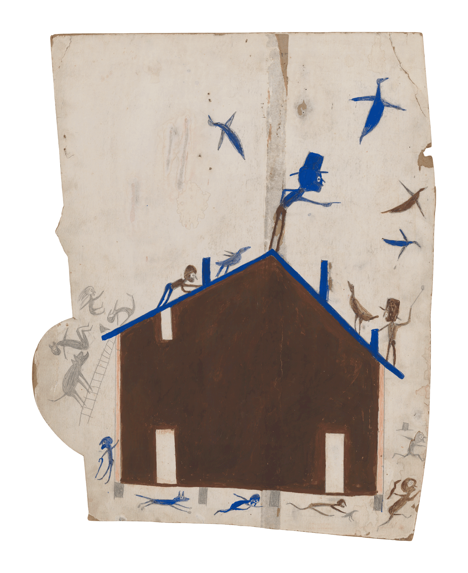 A drawing by Bill Traylor, titled Brown House with Multiple Figures and Birds, 1939 to 1942.