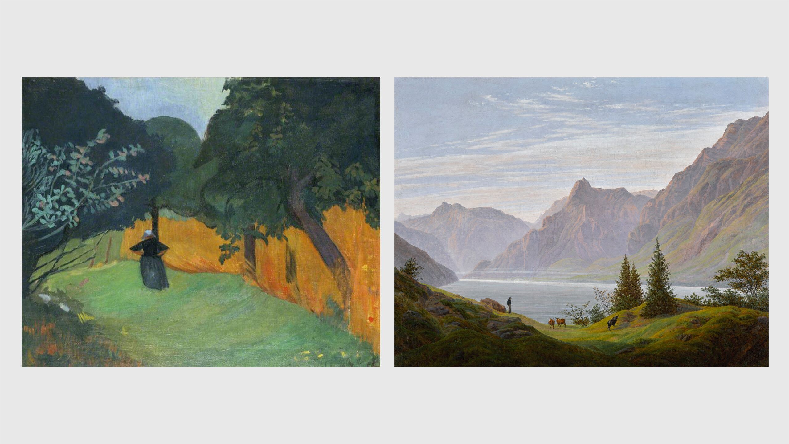 On the left is a painting titled Bretonne au Champ de Blé (Breton Woman in Meadow) by Paul Sérusier, dated 1890–1899. On the right is a painting titled Landschaft mit Gebirgssee by Caspar David Friedrich, dated 1823-1835