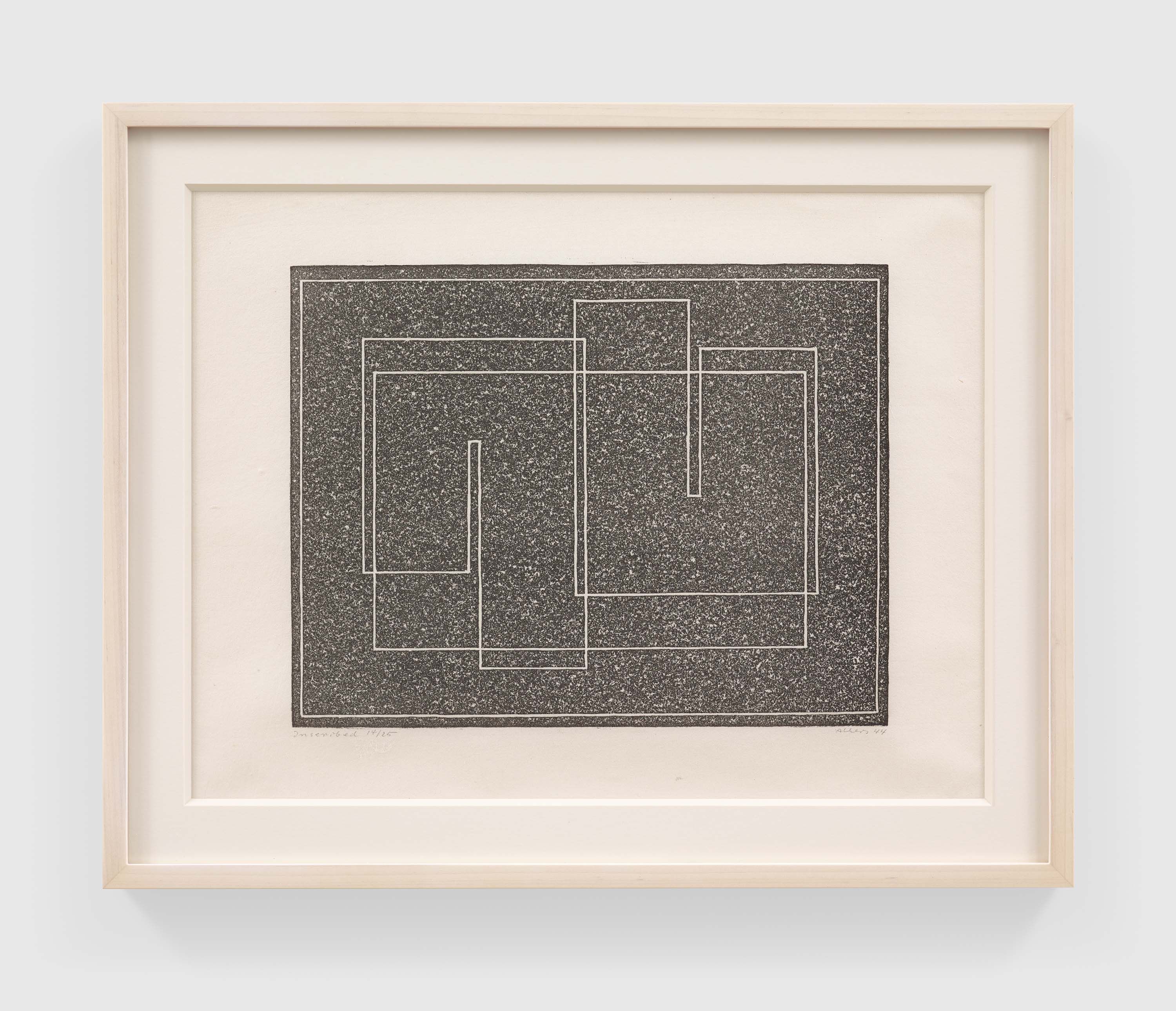A print by Josef Albers, titled Inscribed, dated 1944.