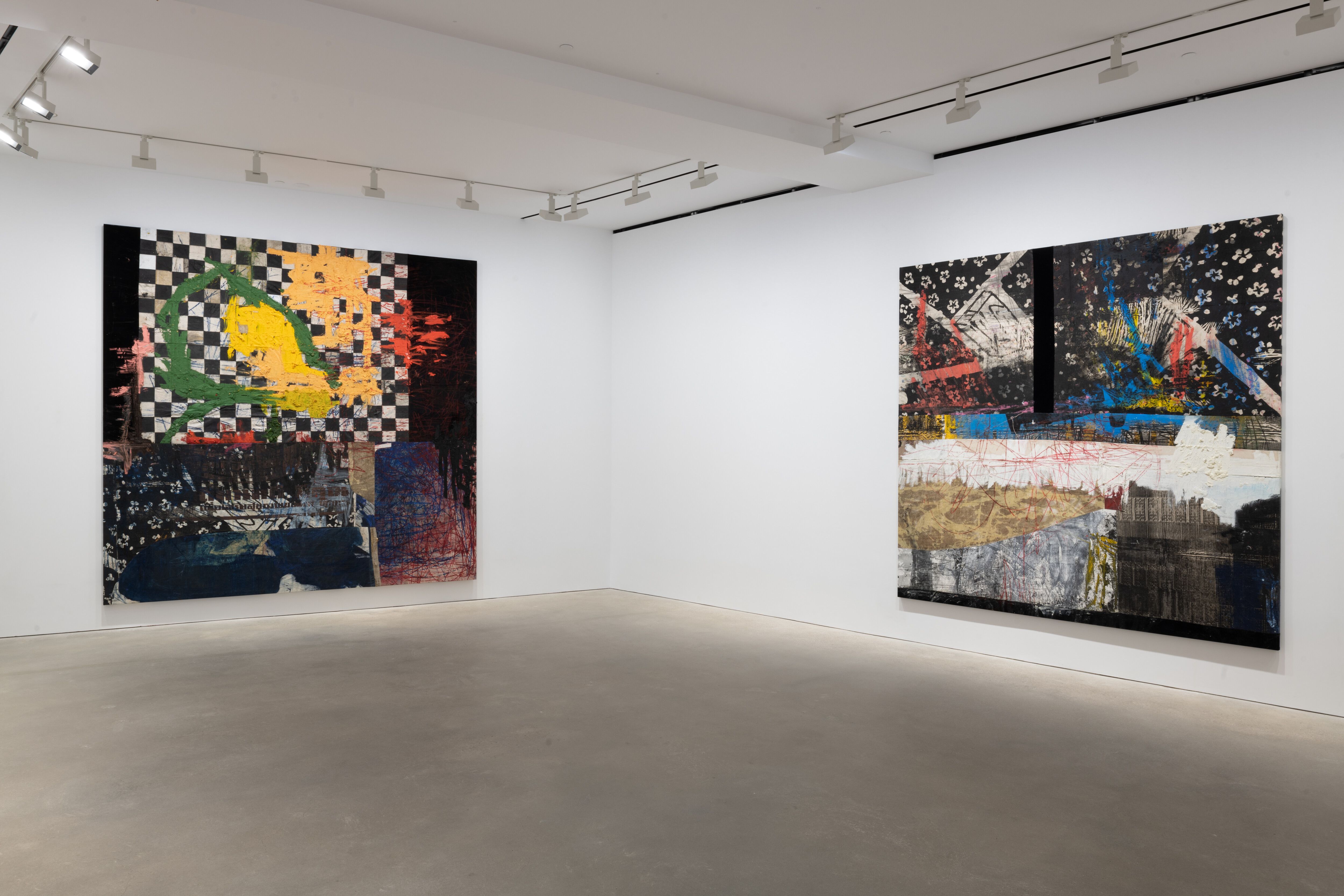 Installation view of the exhibition Oscar Murillo: the build-up of content information, at David Zwirner in Hong Kong, dated 2018.
