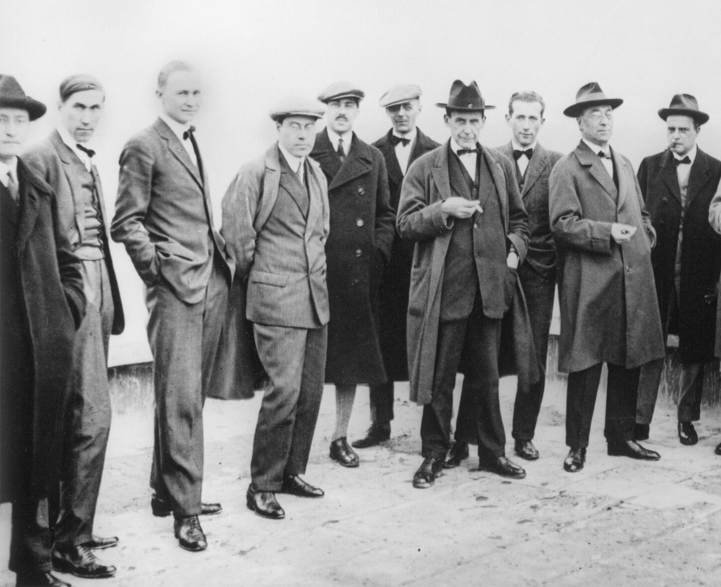 left to right: Josef Albers, Hinnerk Scheper, Georg Muche, Laslo Moholy Nagy, Herbert Bayer, Joost Schmidt, Walter Gropius, Marcel Breuer, Wassily Kandinsky, and Paul Klee on the roof of the Bauhaus in Weimar circa 1920. German Photographer. (Photo by Apic/Bridgeman via Getty Images)