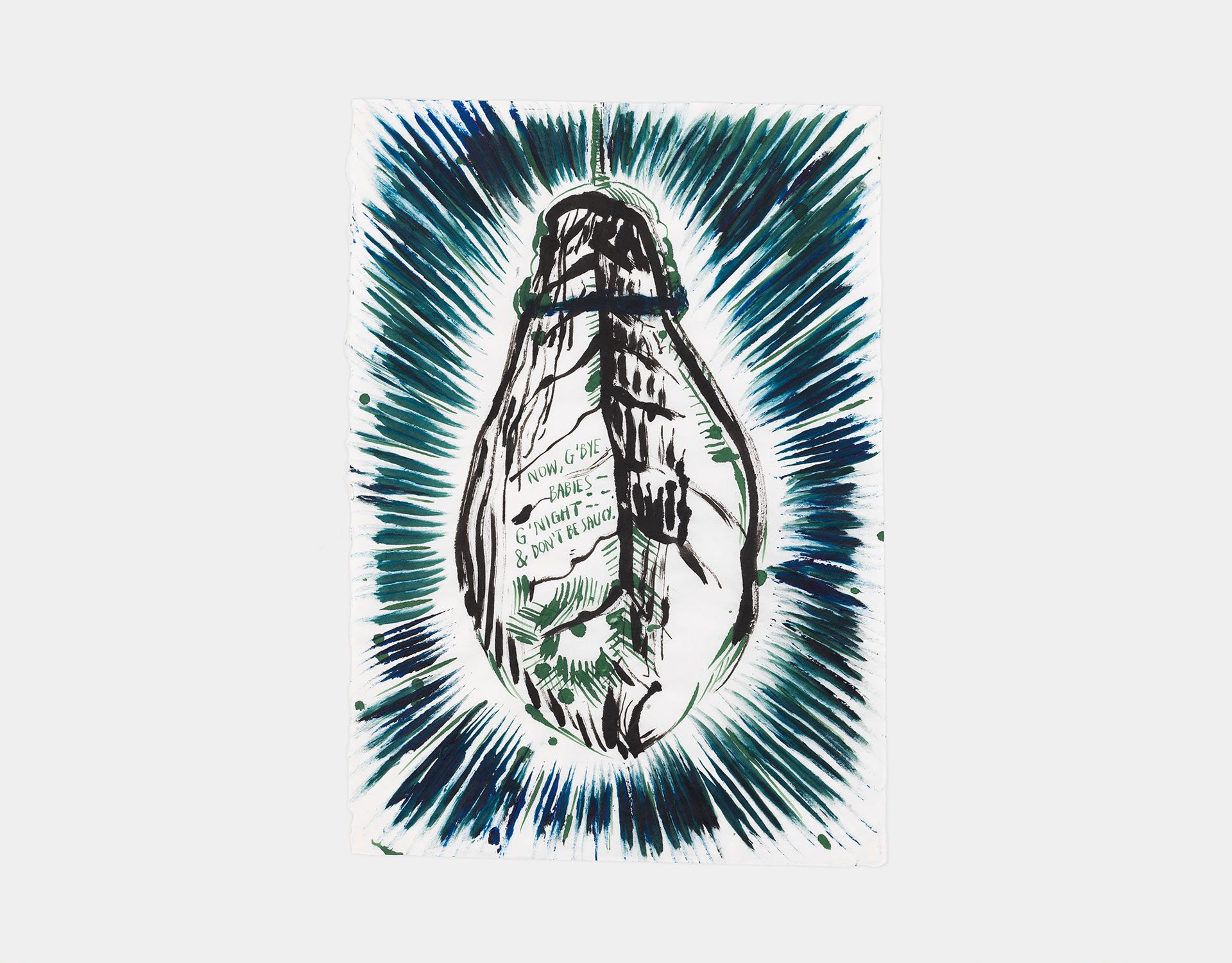 A drawing by Raymond Pettibon, titled No Title (Now, g'bye babies...), dated 2017.